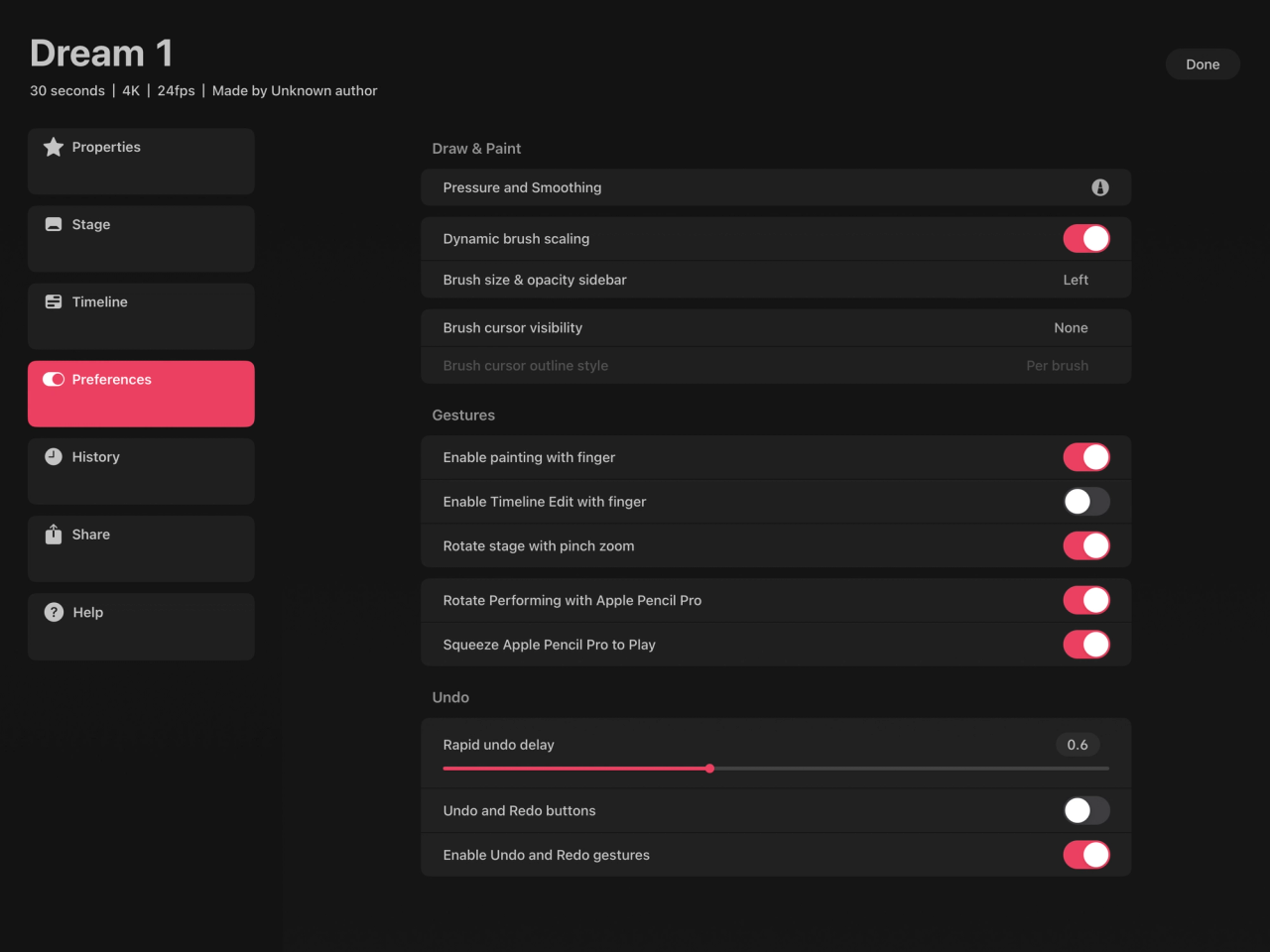 Preferences — Procreate Dreams Handbook
