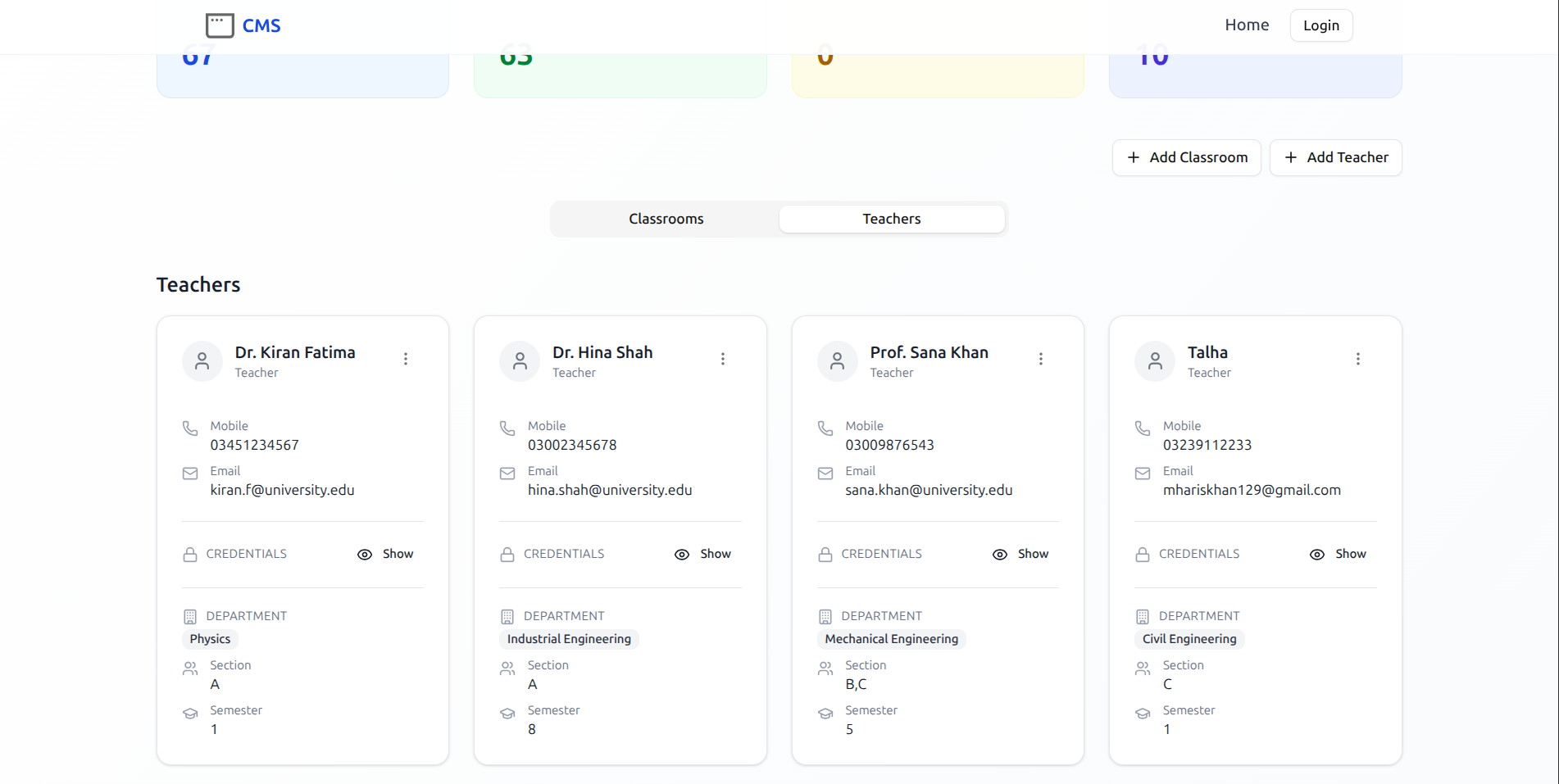 Classroom Management System dashboard screenshot