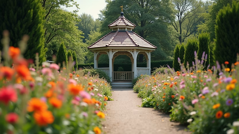 Gazebo at Caversham House surrounded by vibrant flowers