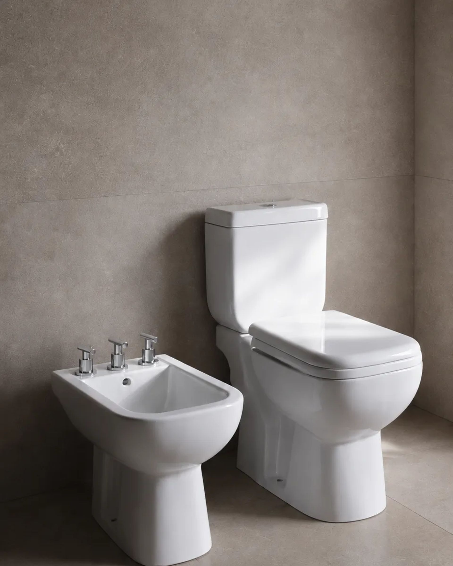 Inodoro y bidet Liberty blancos contra una pared gris