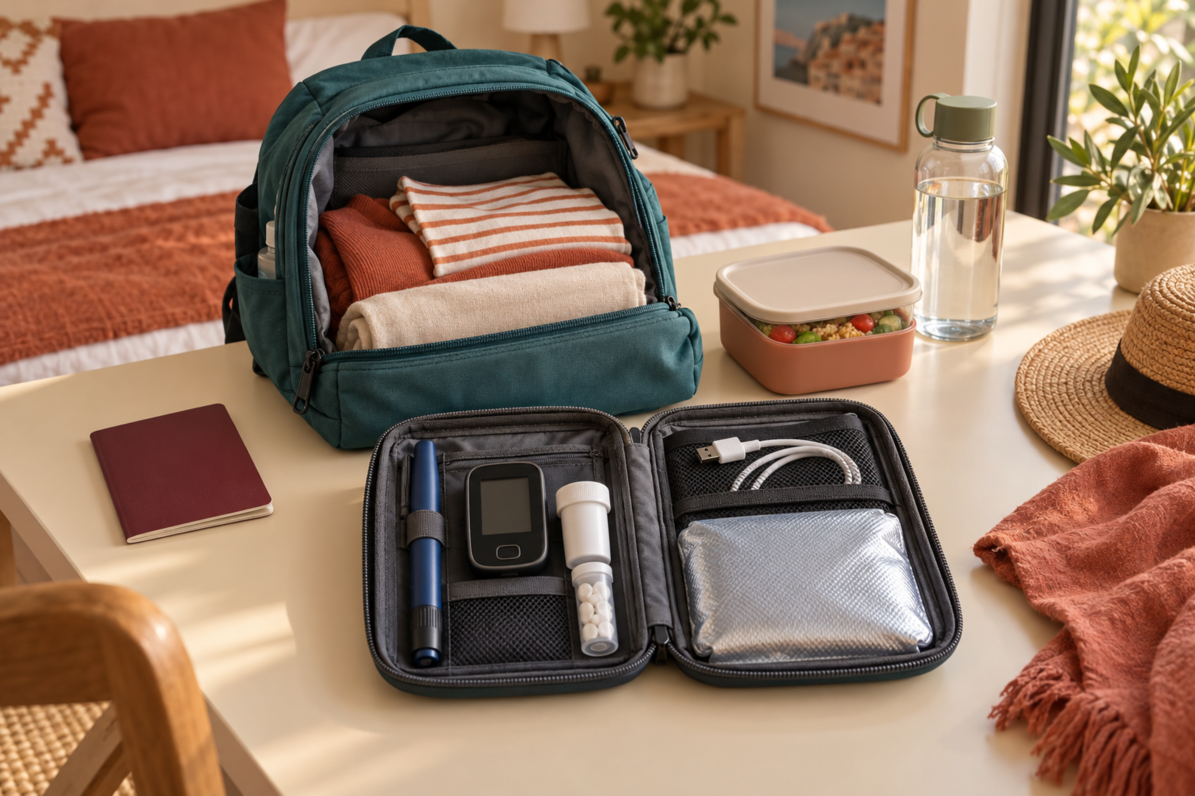 Mochila, estuche de suministros, agua y un recipiente de comida preparados para un viaje.