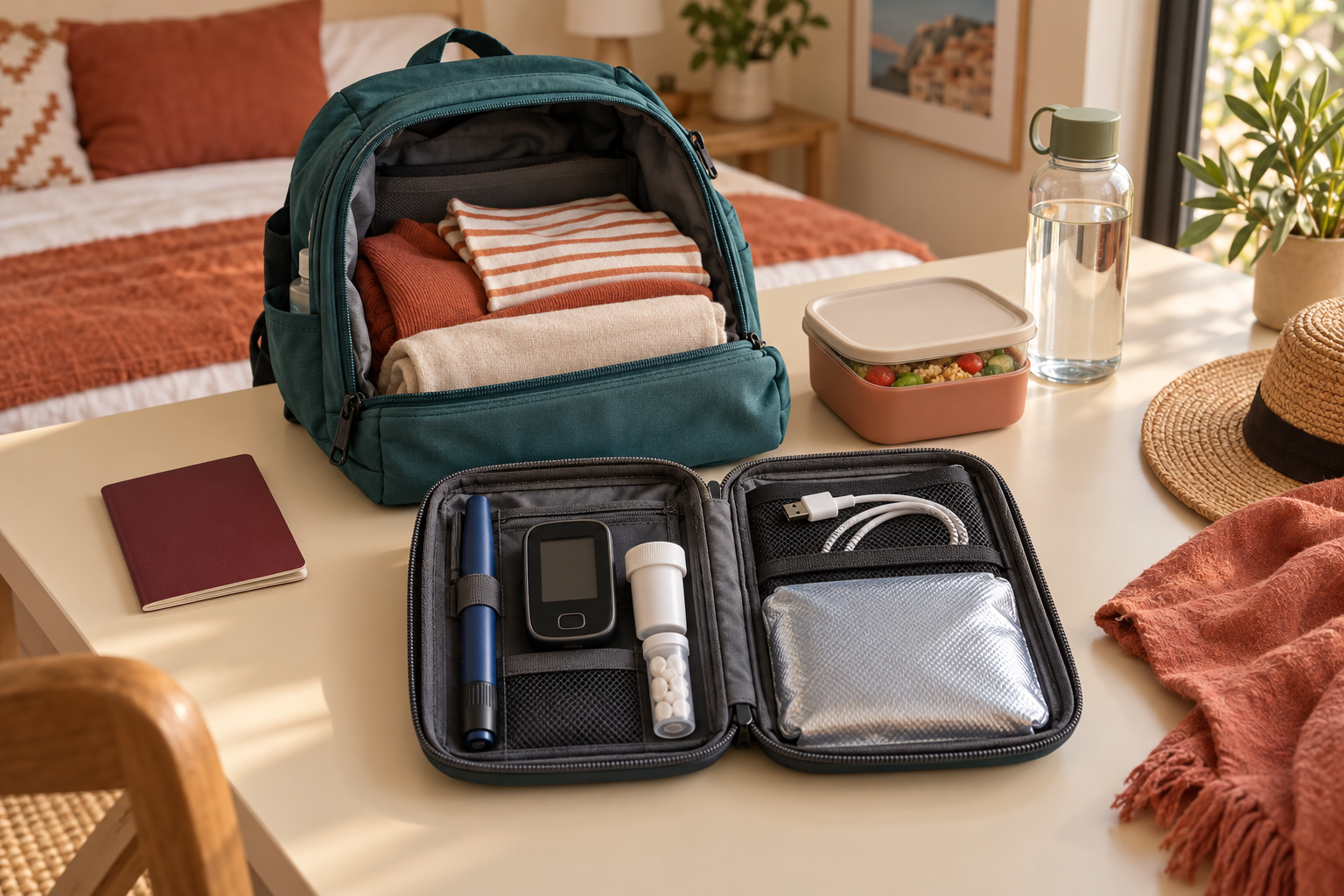 Mochila, estuche de suministros, agua y un recipiente de comida preparados para un viaje.