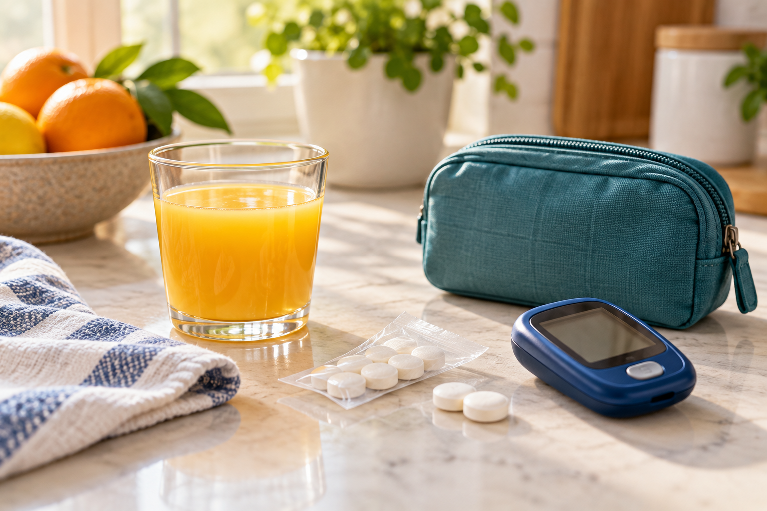 Un vaso de jugo, tabletas y un glucómetro azul junto a un estuche sobre una mesa.