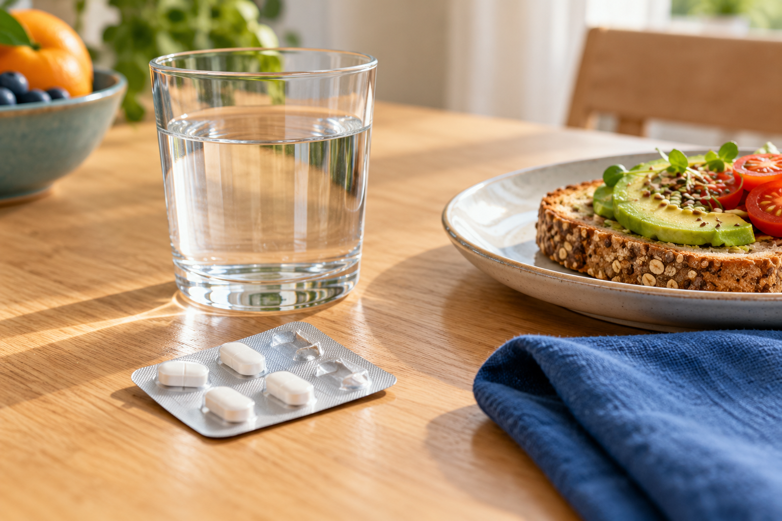 Un vaso de agua, un blíster sin marca y un desayuno sobre una mesa clara.
