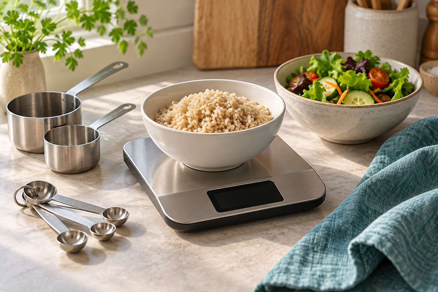 Balanza de cocina con un cuenco de arroz, tazas y cucharas medidoras.