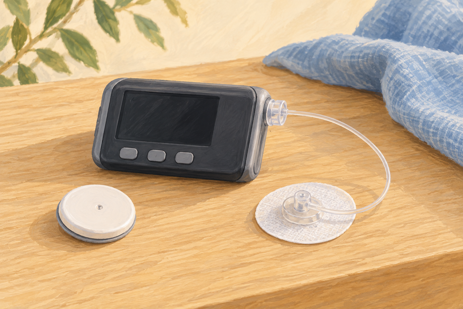 Representación conceptual de una bomba con tubo, un equipo de infusión y un sensor de glucosa.