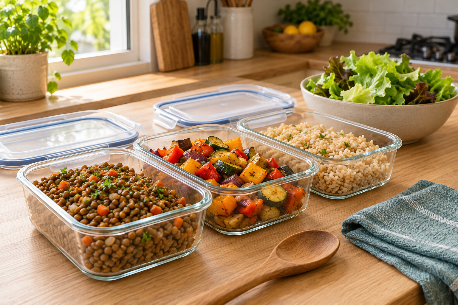 Recipientes poco profundos con legumbres, verduras y arroz preparados para guardar.