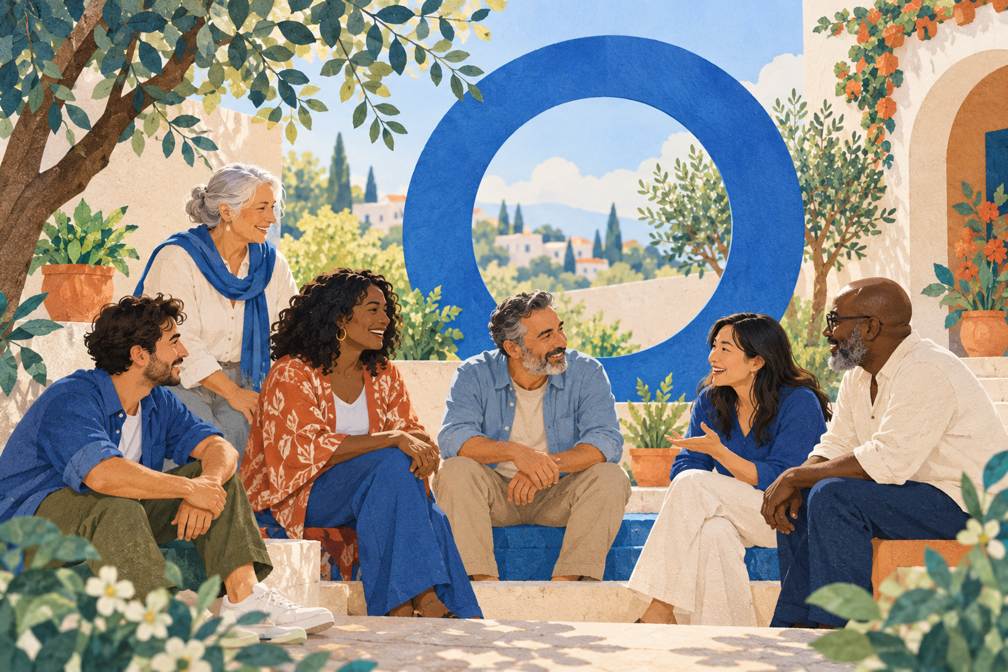 Una comunidad conversa junto a un gran círculo azul en un patio arbolado.