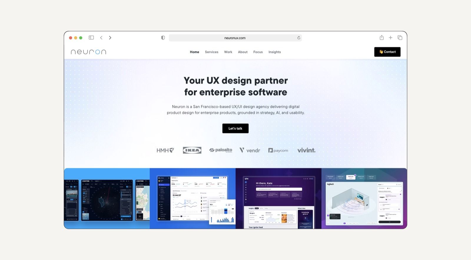 Neuron website hero reading "Your UX design partner for enterprise software," with HMH, IKEA, Palo Alto Networks, Vendr, Paycom, and Vivint logos