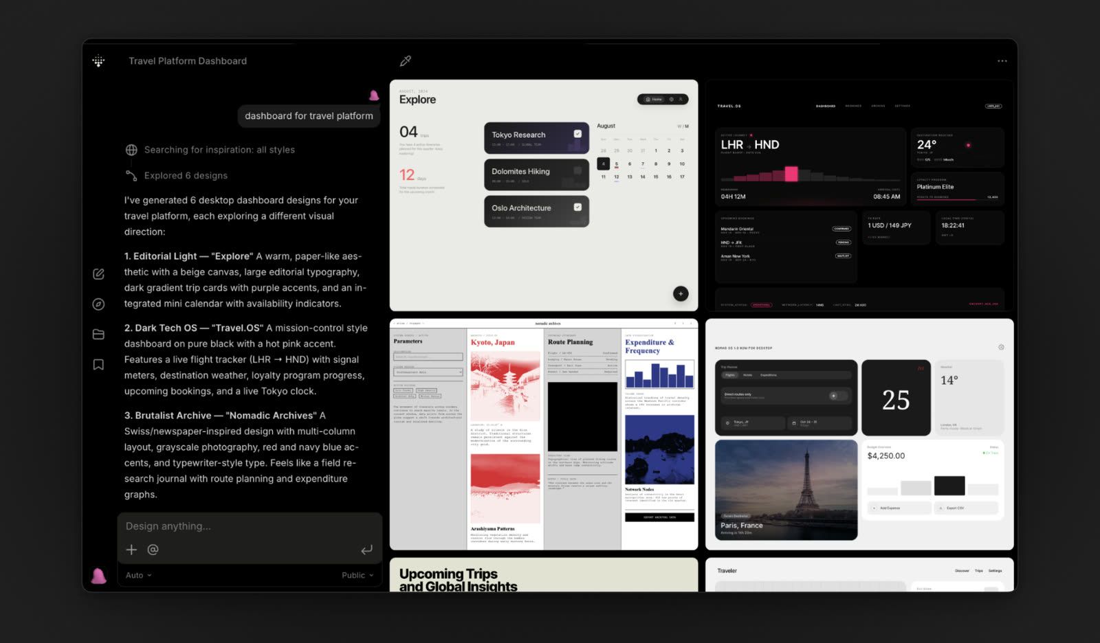 Habitat’s example of how Variant can generate six dashboard concepts for a travel platform from a one-line prompt