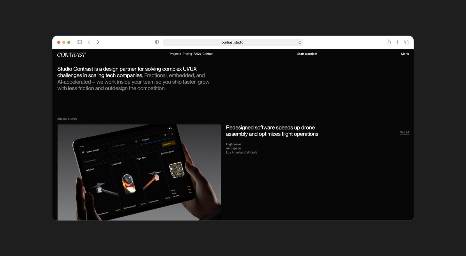 Studio Contrast website hero describing a hyper-specialized, fractional, embedded, and AI-native UI & UX design company for scaling tech companies