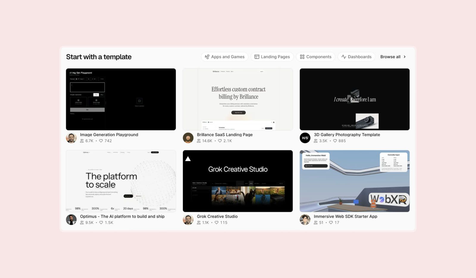 v0 by Vercel template gallery with apps, landing pages, components and dashboards to start from