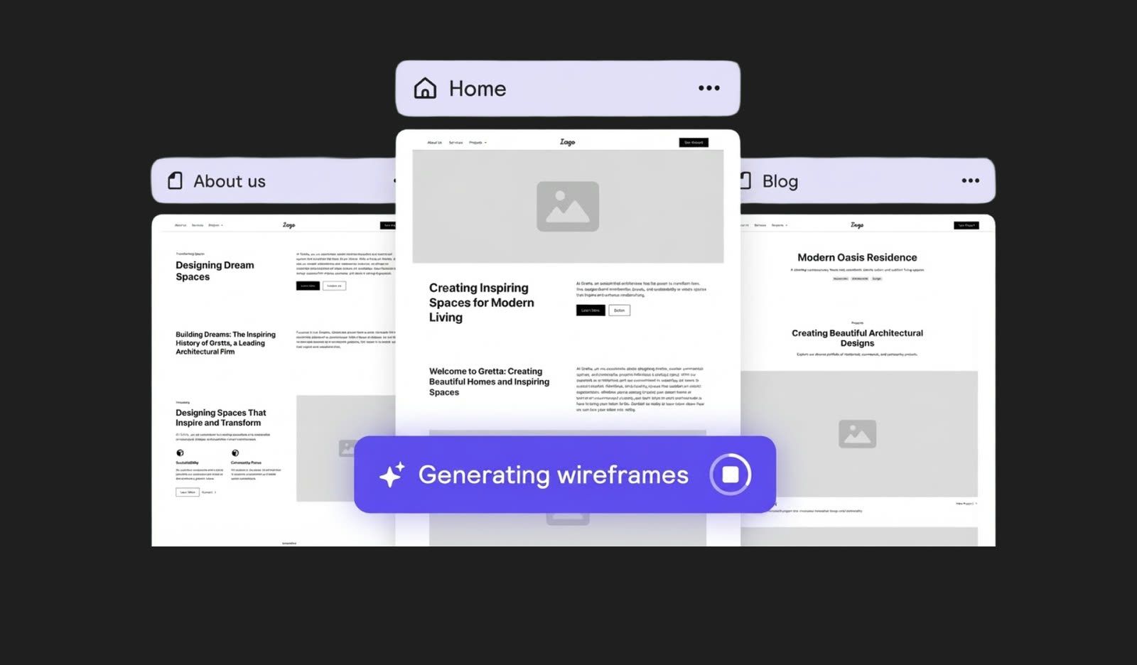 Relume generating wireframes for a website’s home, about, and blog pages