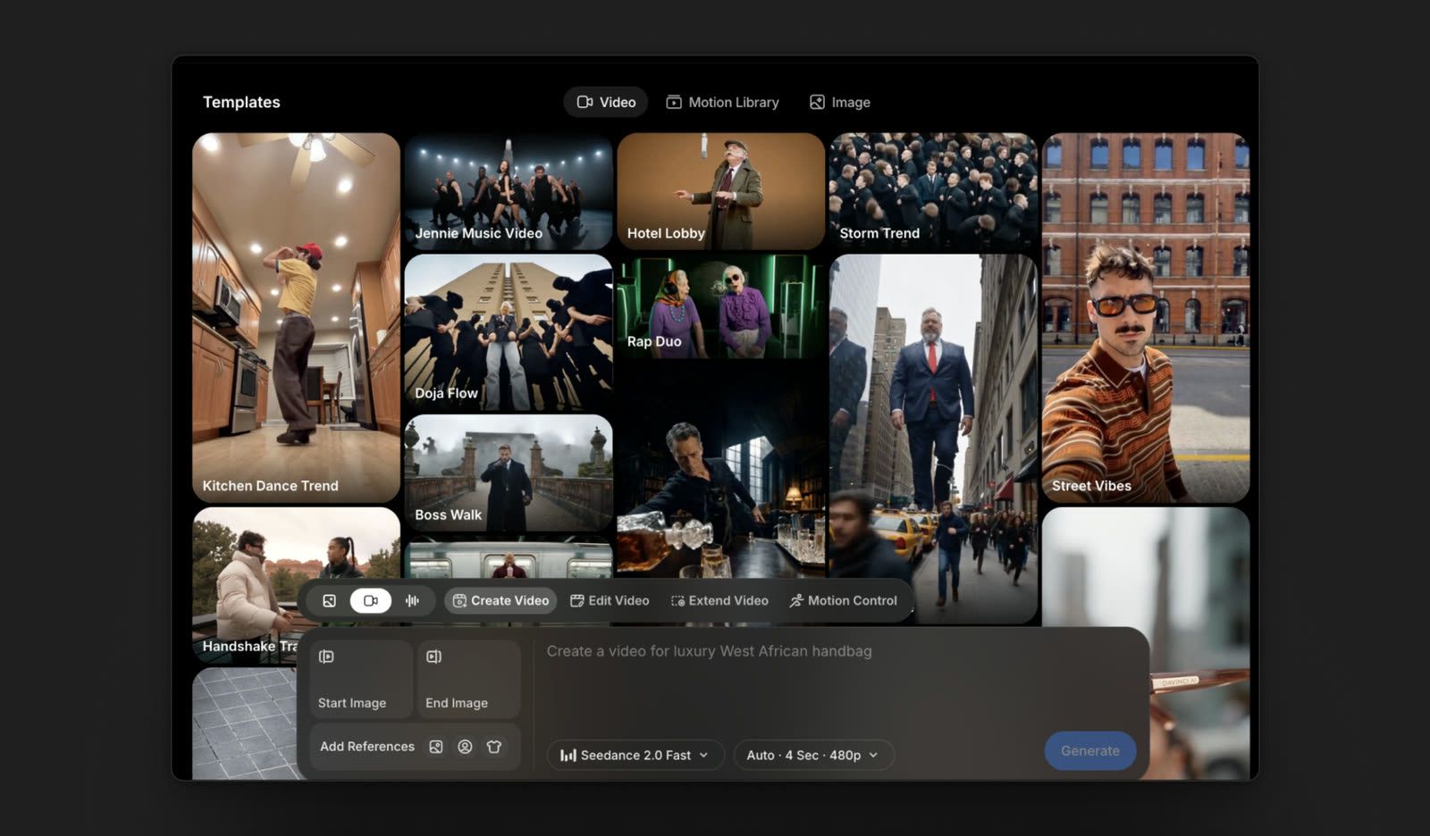 DaVinci video templates with a prompt bar for generating a product video
