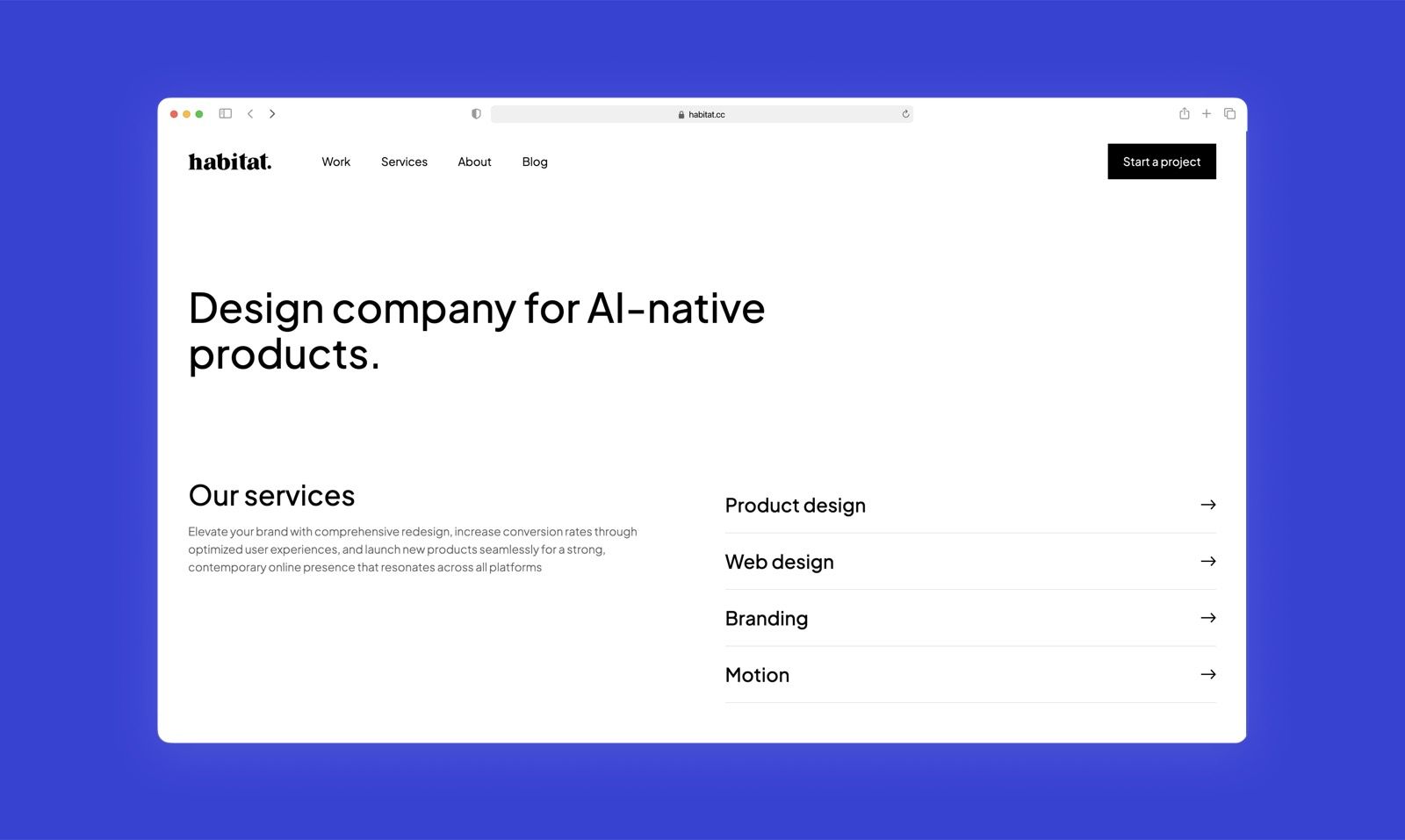 Habitat website hero reading "The industry is building AI. Design agencies are still designing SaaS"