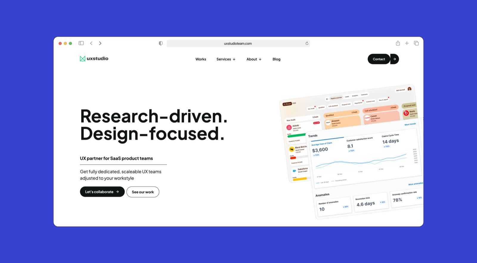 UX studio website hero reading "Research-driven. Design-focused." with Brenntag, Lupl, UN World Food Programme, Netflix, Google, and Cisco logos