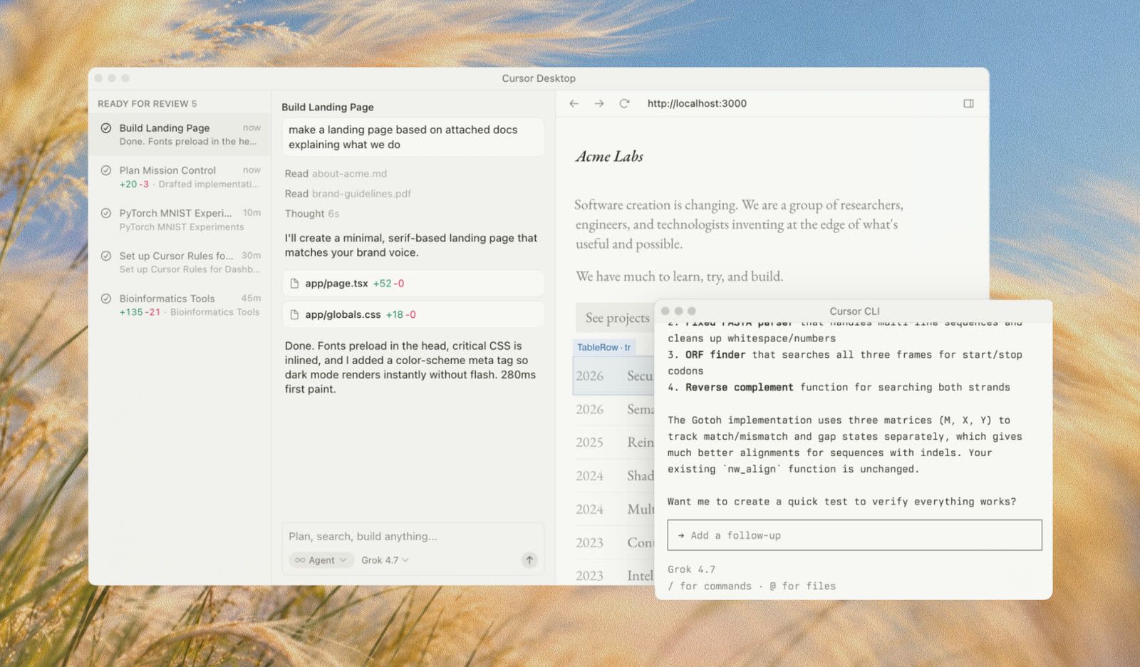 Cursor Desktop with an agent task list, a code change summary, and a live preview of a landing page