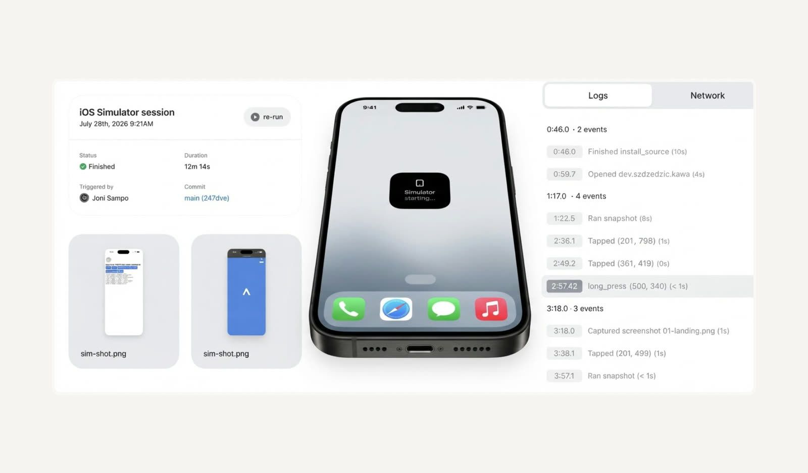 Expo iOS simulator session with screenshots and a log of automated test events