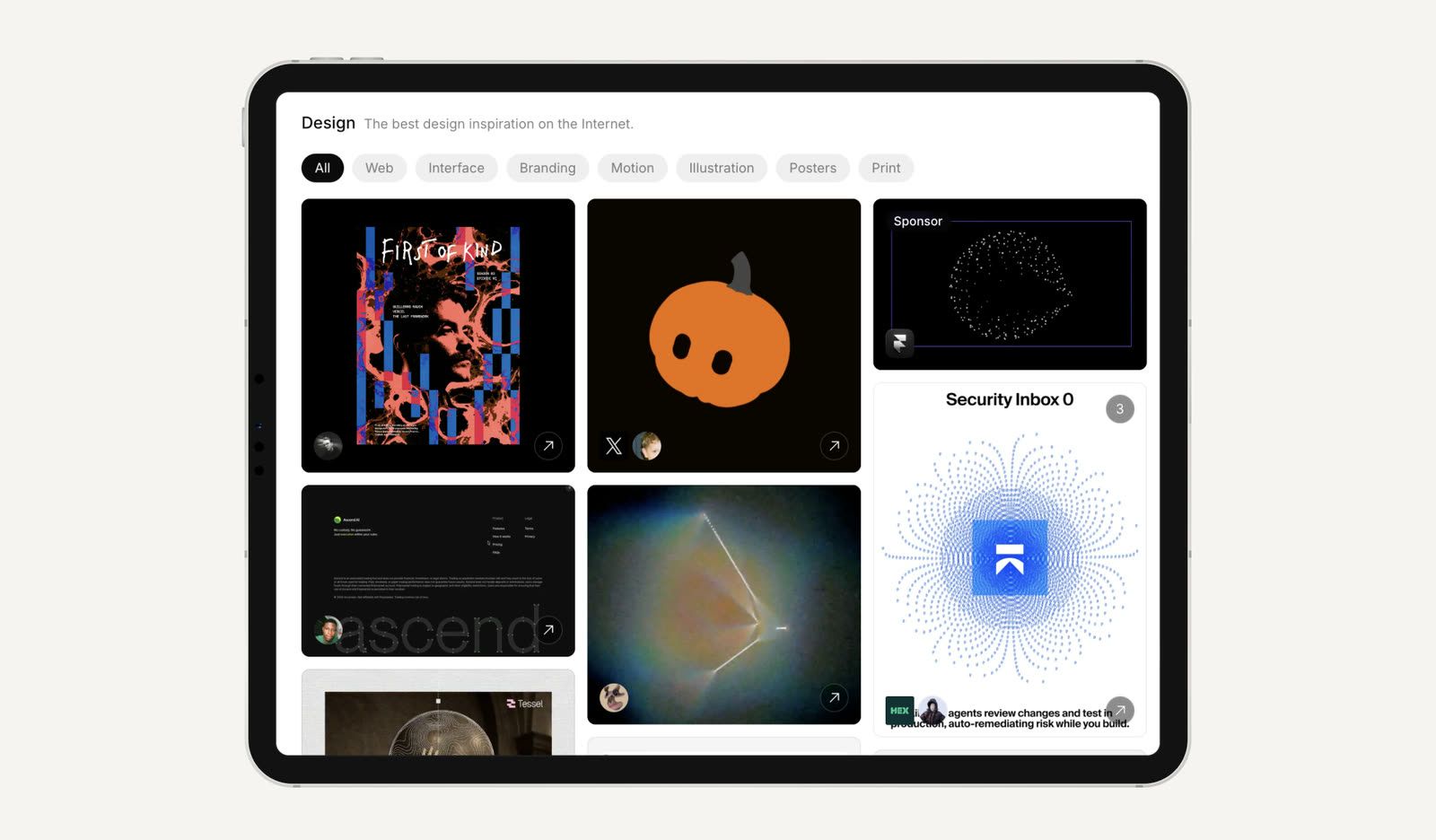 Recent design inspiration feed with filters for web, interface, branding, typography, motion and 3D