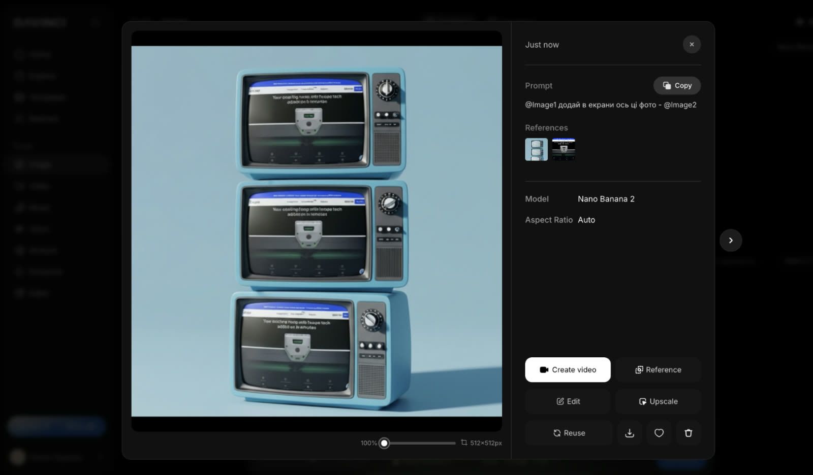 Habitat’s example of how Runway generates an image of three stacked retro TVs showing a web interface, generated from two reference images