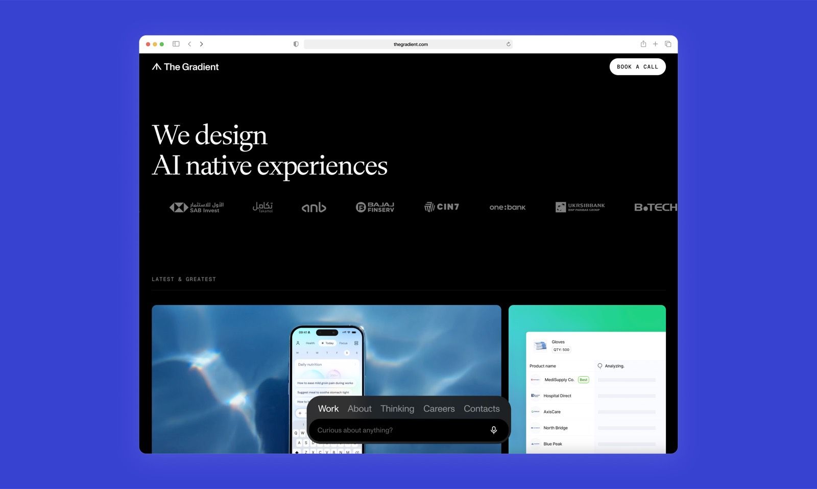 The Gradient website hero reading "We design AI native experiences"