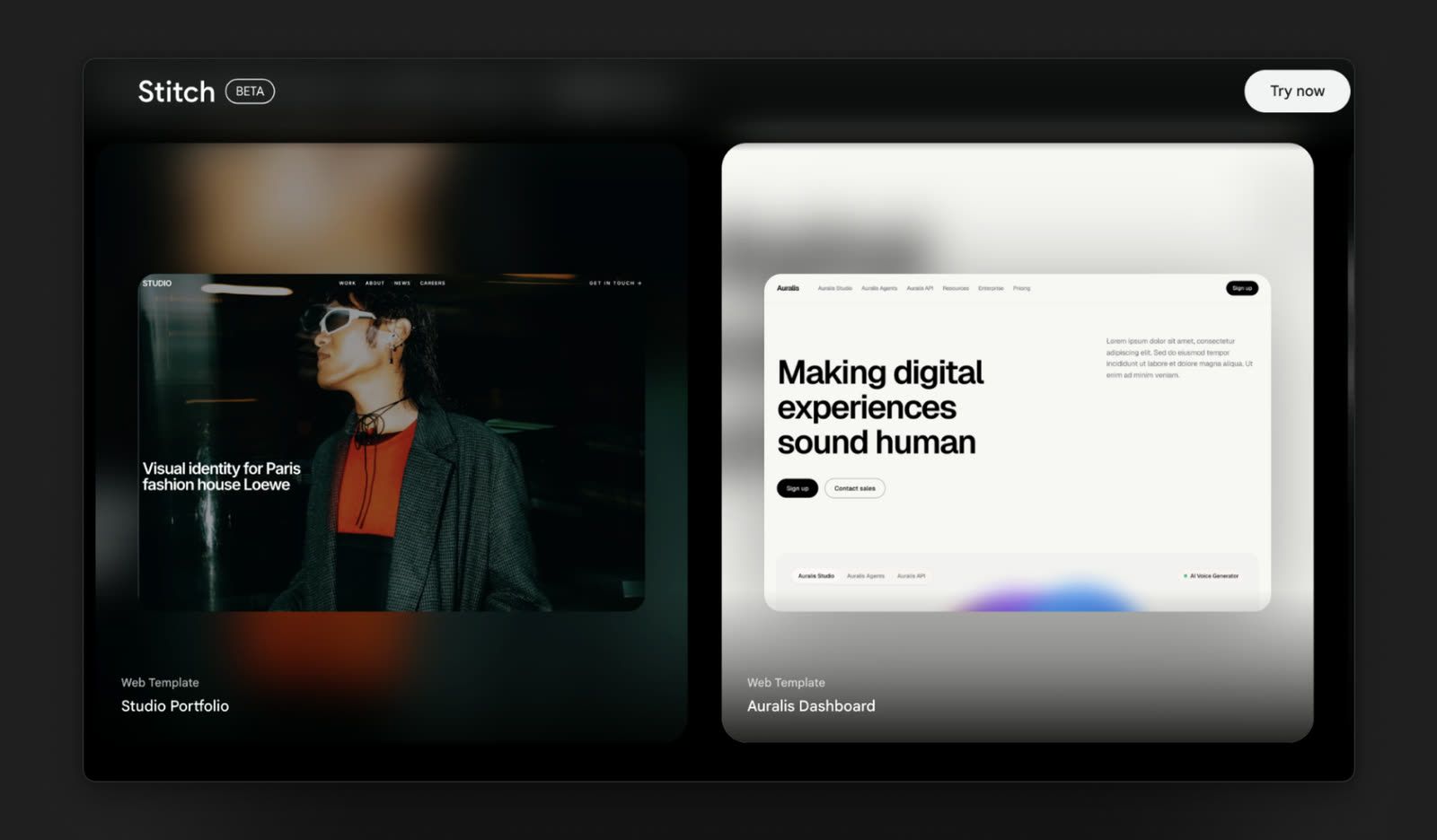 Stitch by Google showing two generated web templates, a studio portfolio and a SaaS landing page