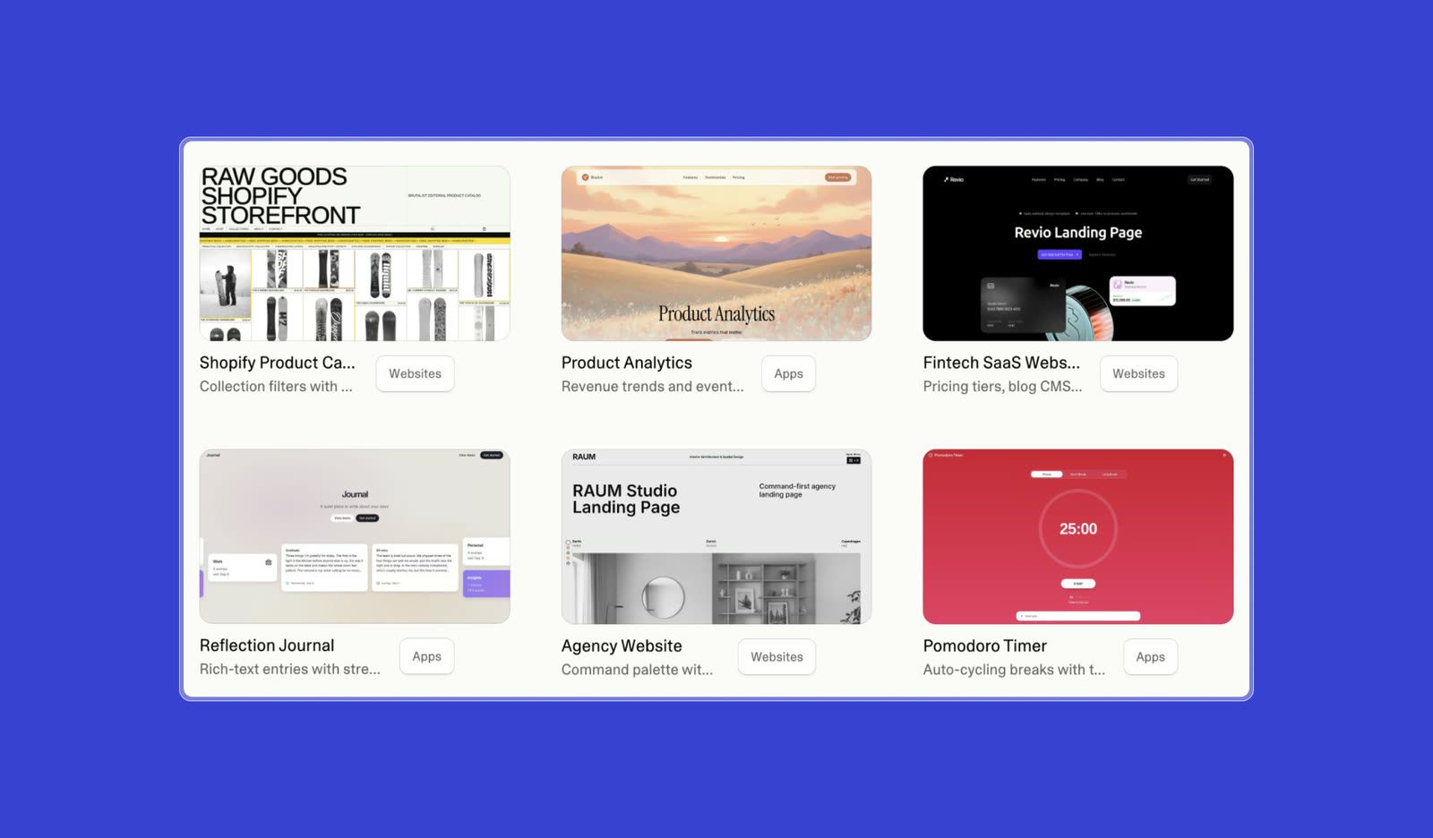 Lovable gallery of apps and websites built from prompts, including a storefront, a journal and a timer