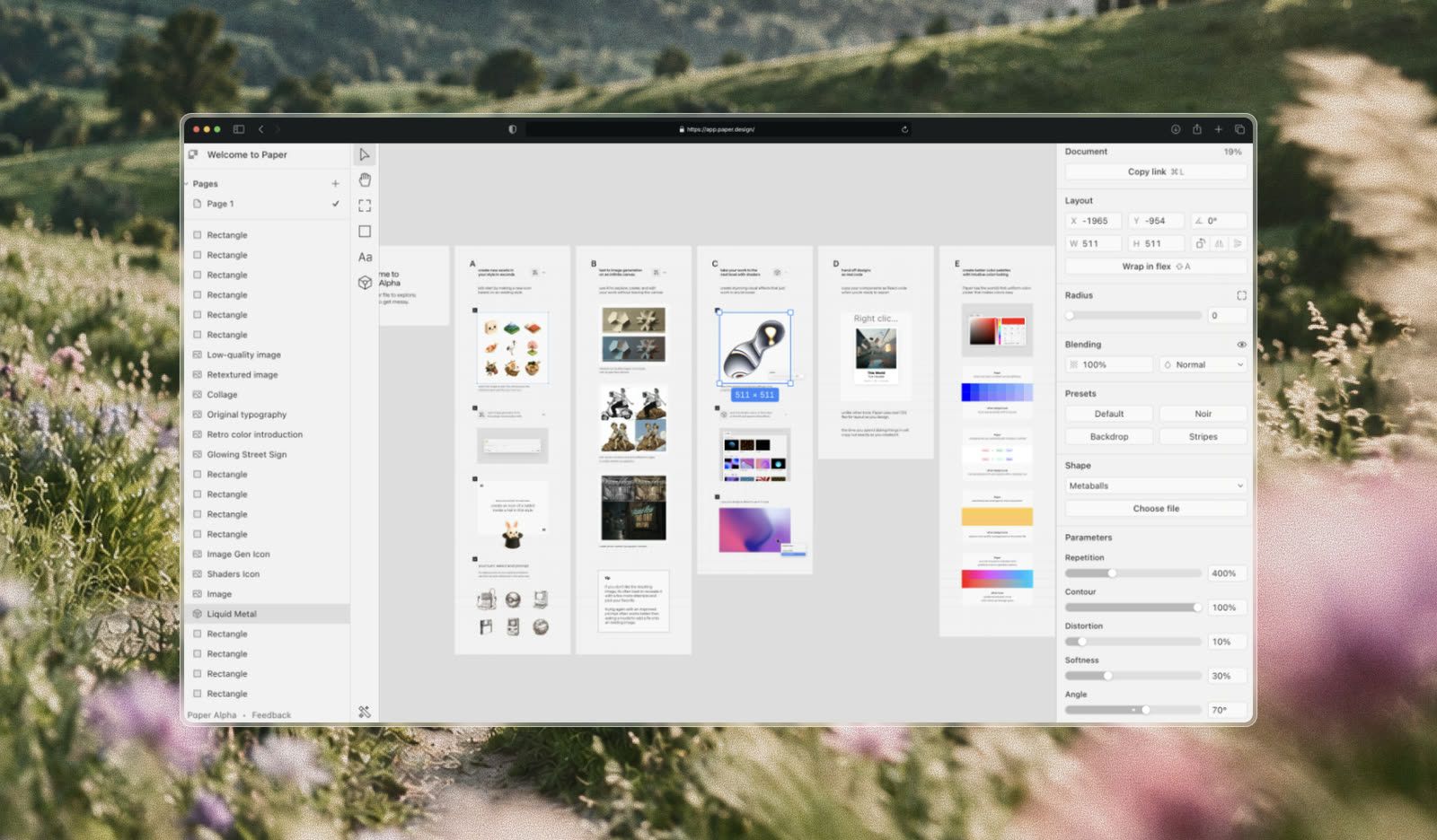 Paper canvas with image and shader explorations next to a panel of effect parameters
