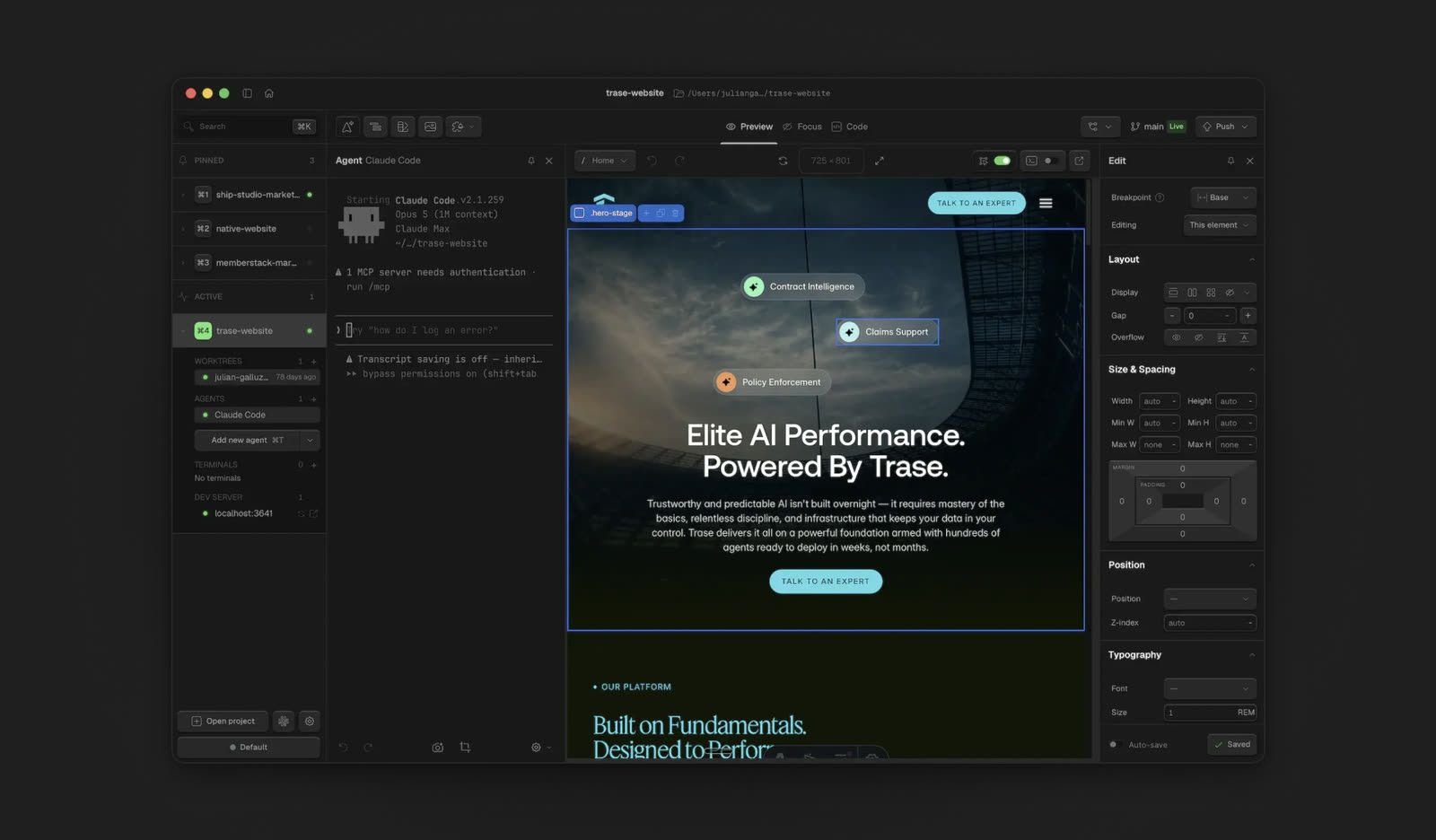 Ship Studio with a Claude Code agent, the project’s repo and a live preview of a landing page