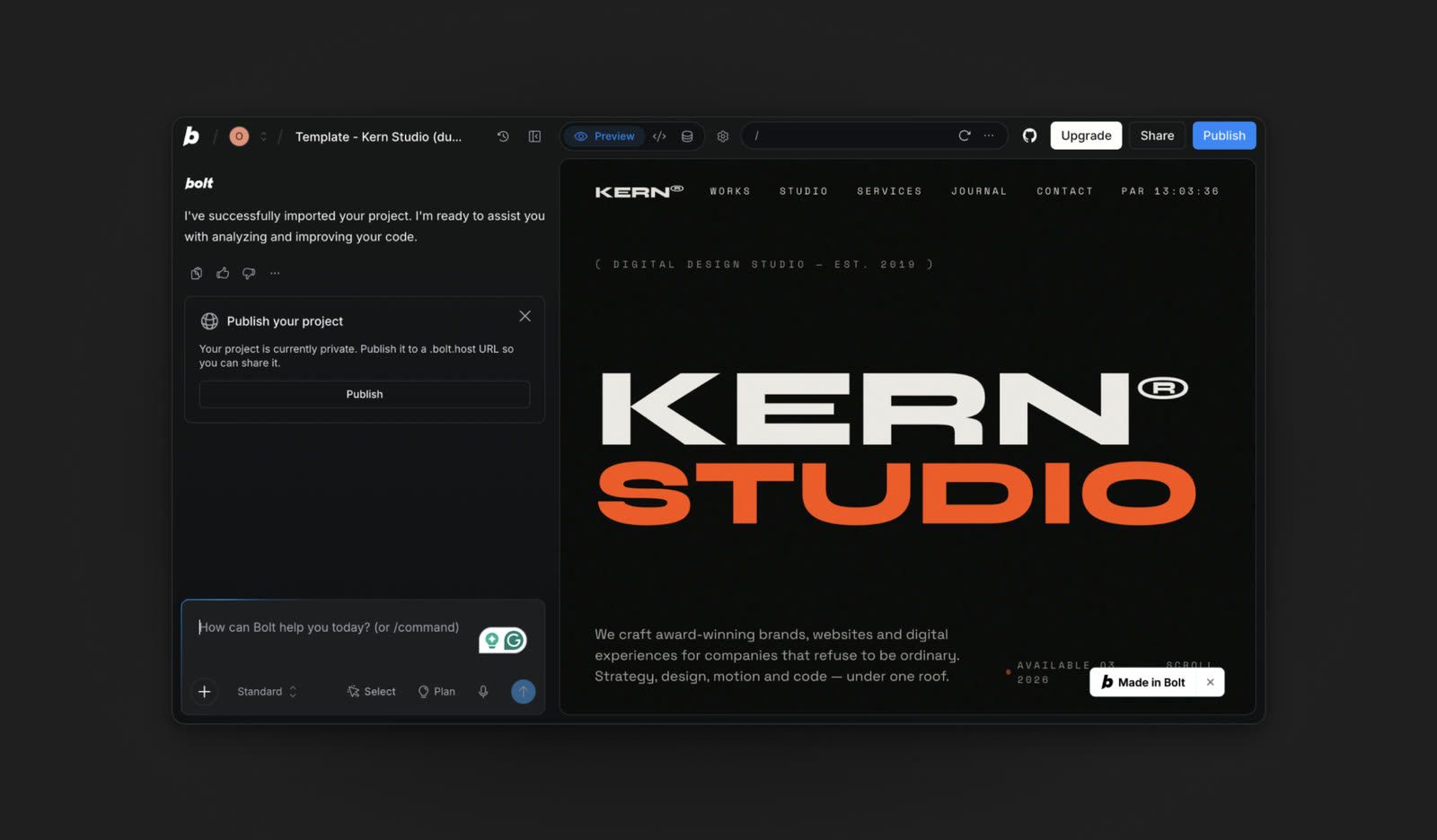 Bolt with the chat, the editor and a live preview of an imported studio website in one browser window