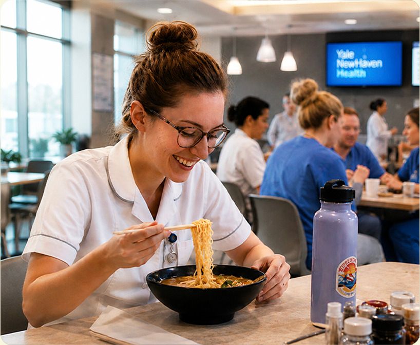 Nurse eating a bowl of ramen in a hospital cafeteria