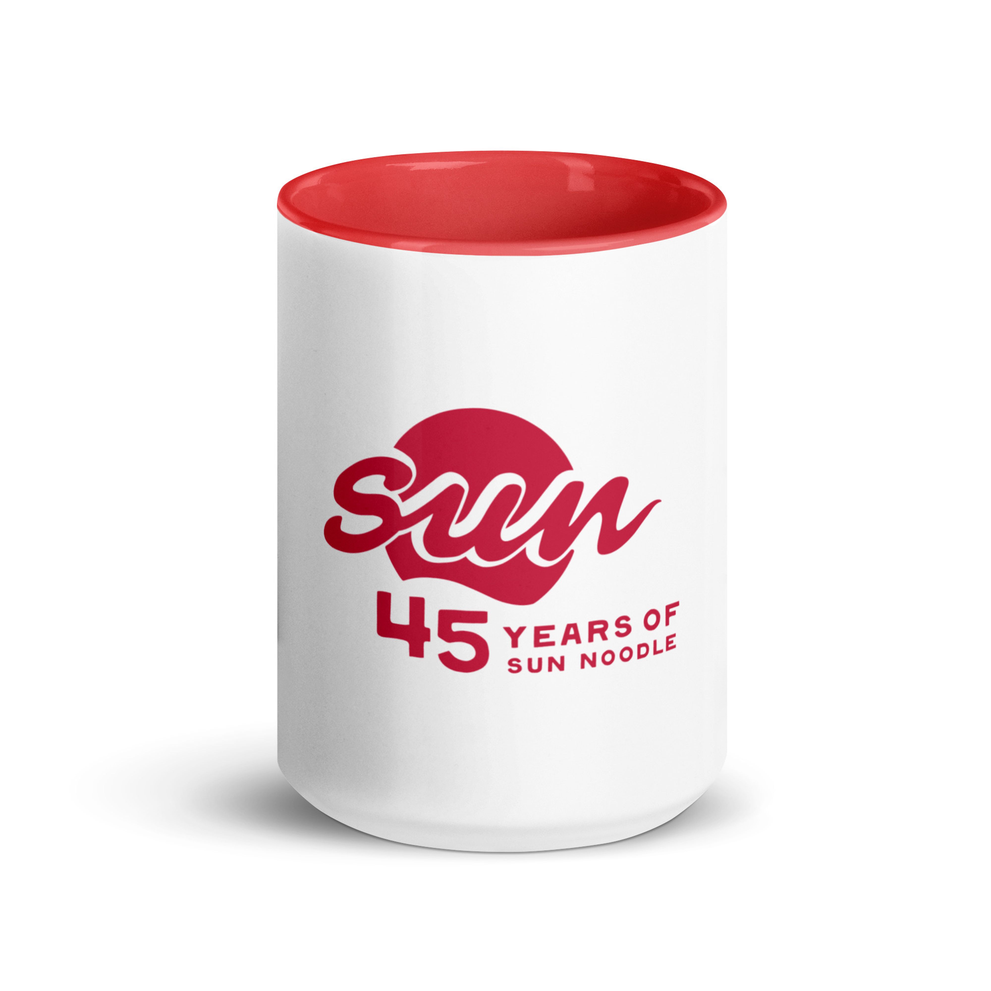 White ceramic mug with a red interior and red handle, featuring the "45 Years of Sun Noodle" logo in red, with a stylized "sun" script over a red circle.