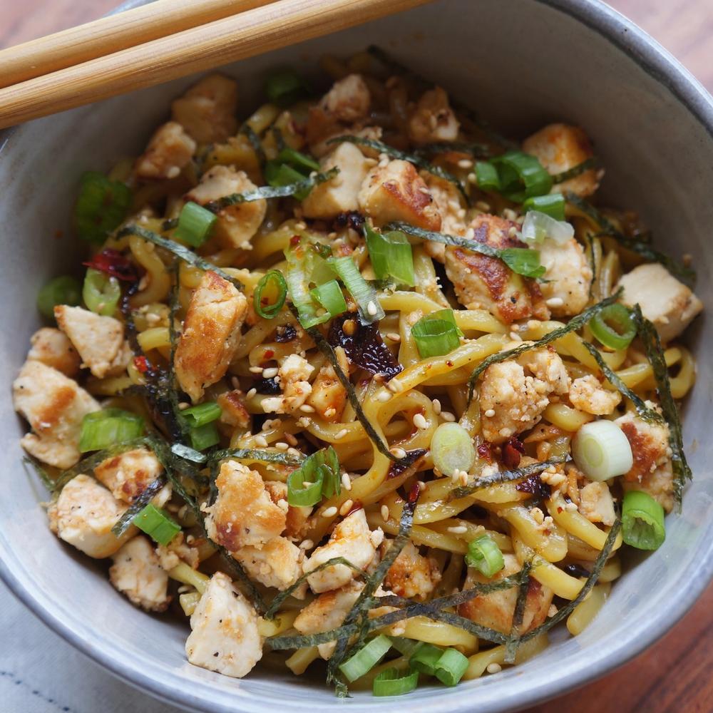 top view of a savory Southern Barbeque Tofu Mazemen