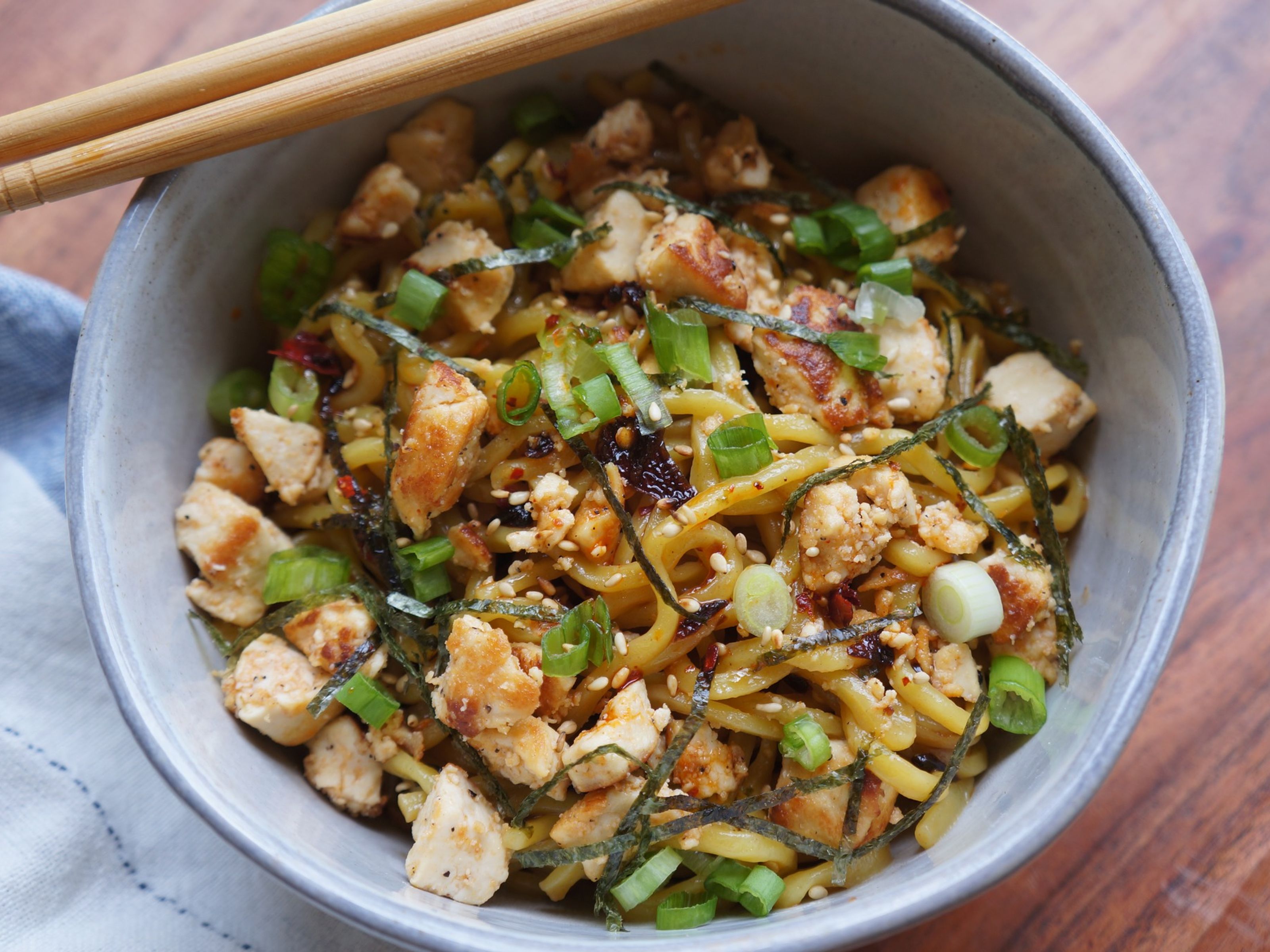 top view of a savory Southern Barbeque Tofu Mazemen