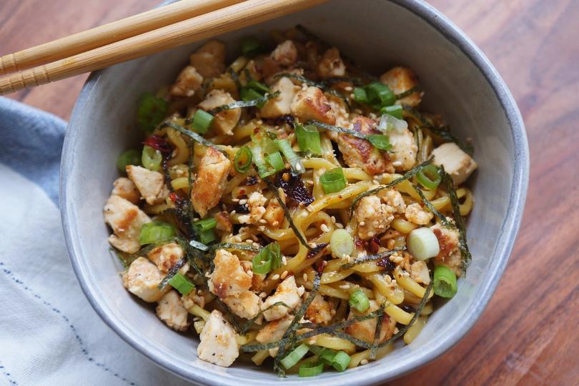 top view of a savory Southern Barbeque Tofu Mazemen