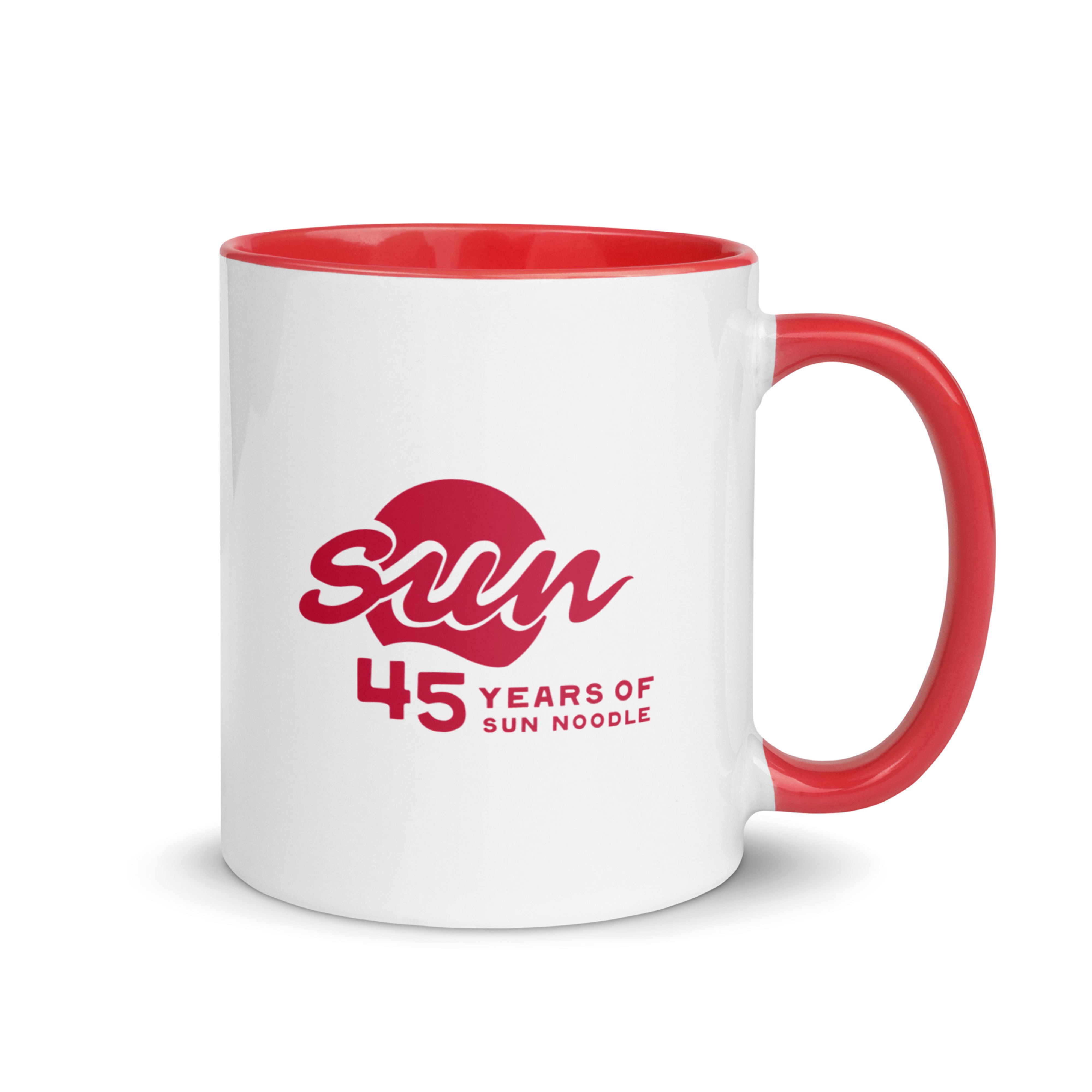 White ceramic mug with a red interior and red handle, featuring the "45 Years of Sun Noodle" logo in red, with a stylized "sun" script over a red circle.
