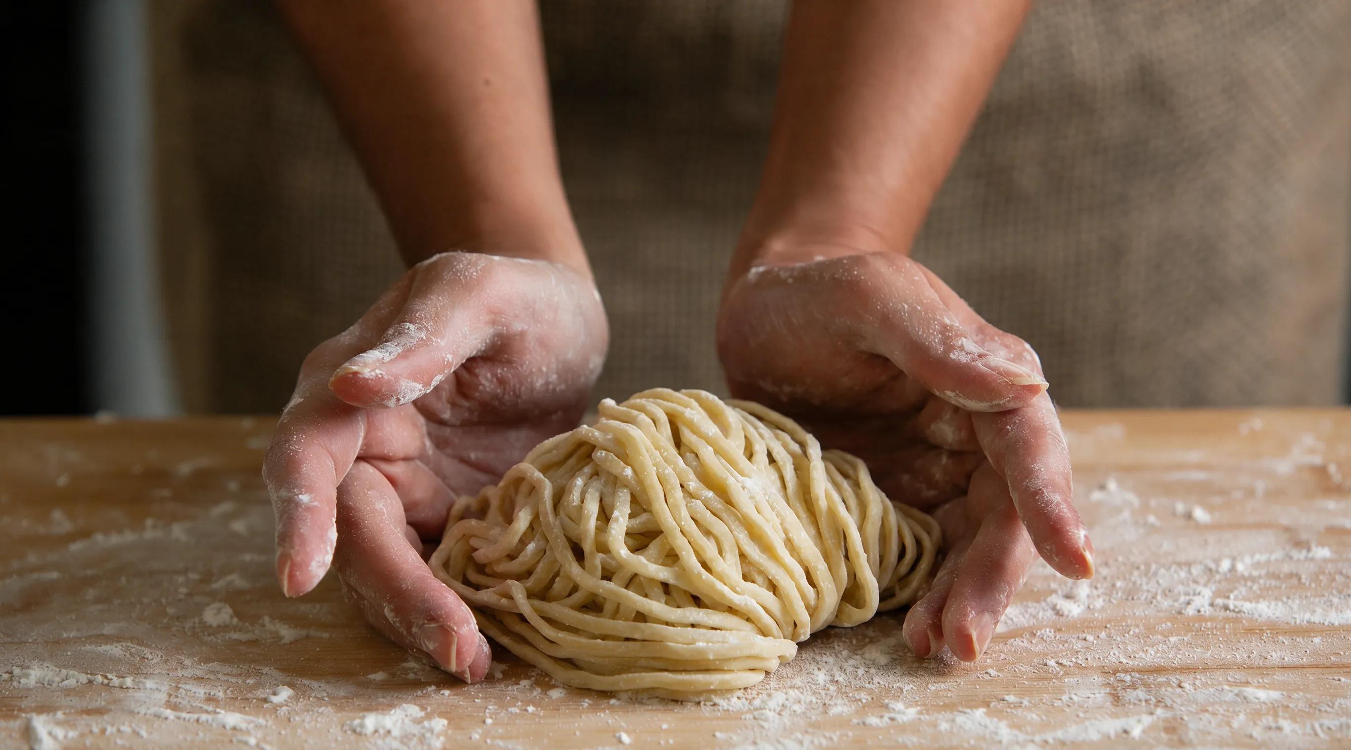 箸で持ち上げた打ちたての麺