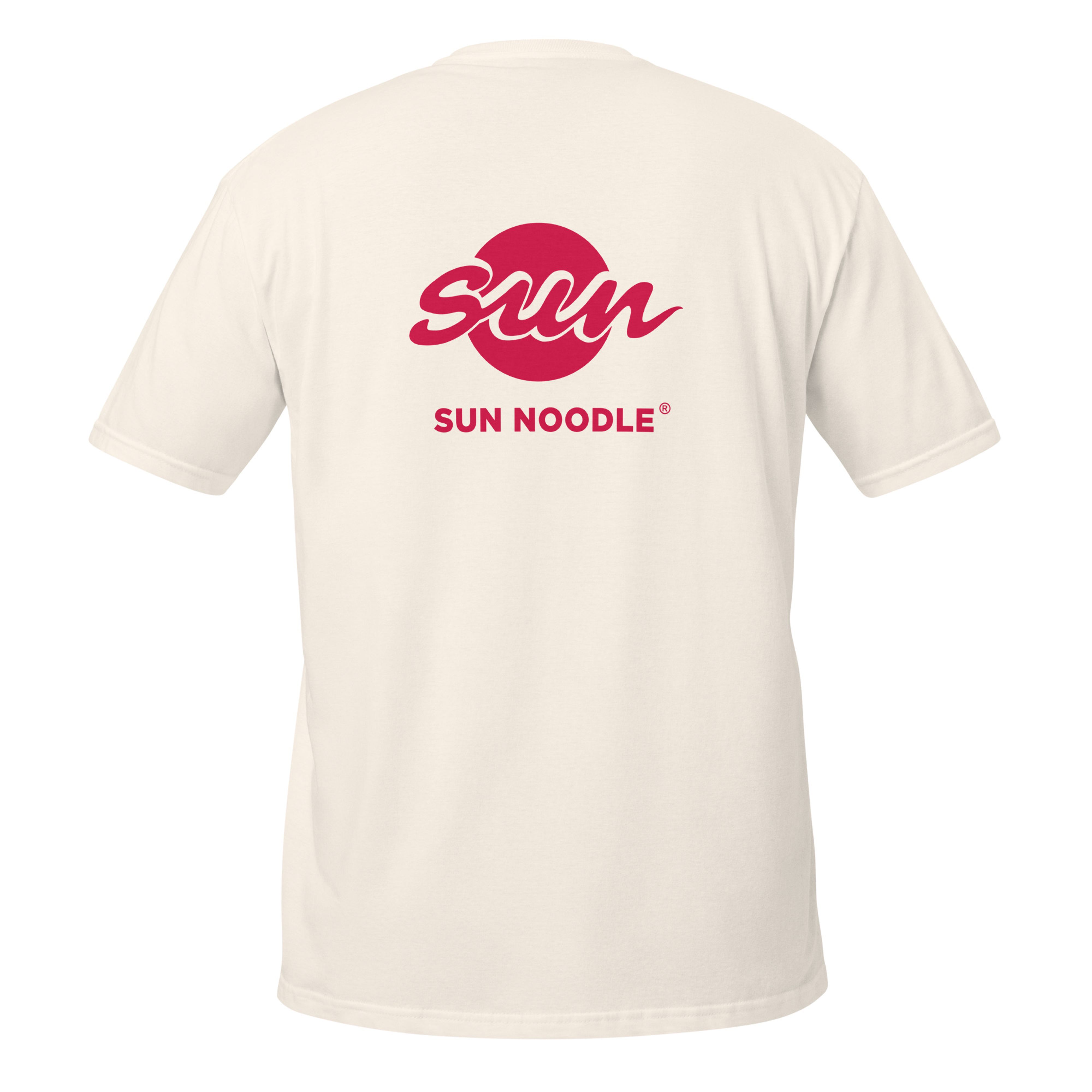 Back of the natural cream unisex t-shirt featuring a large red "Sun" logo, with a stylized script over a red circle above "SUN NOODLE" text.