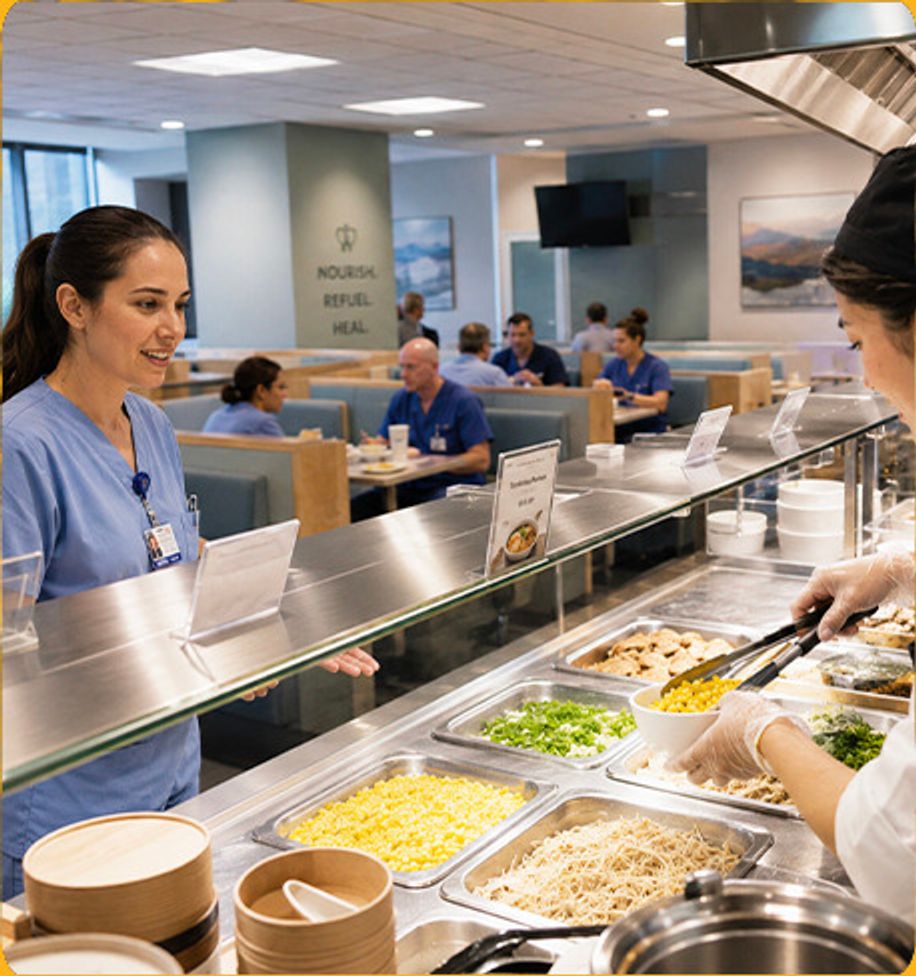 Hospital staff serving hot food from a cafeteria line
