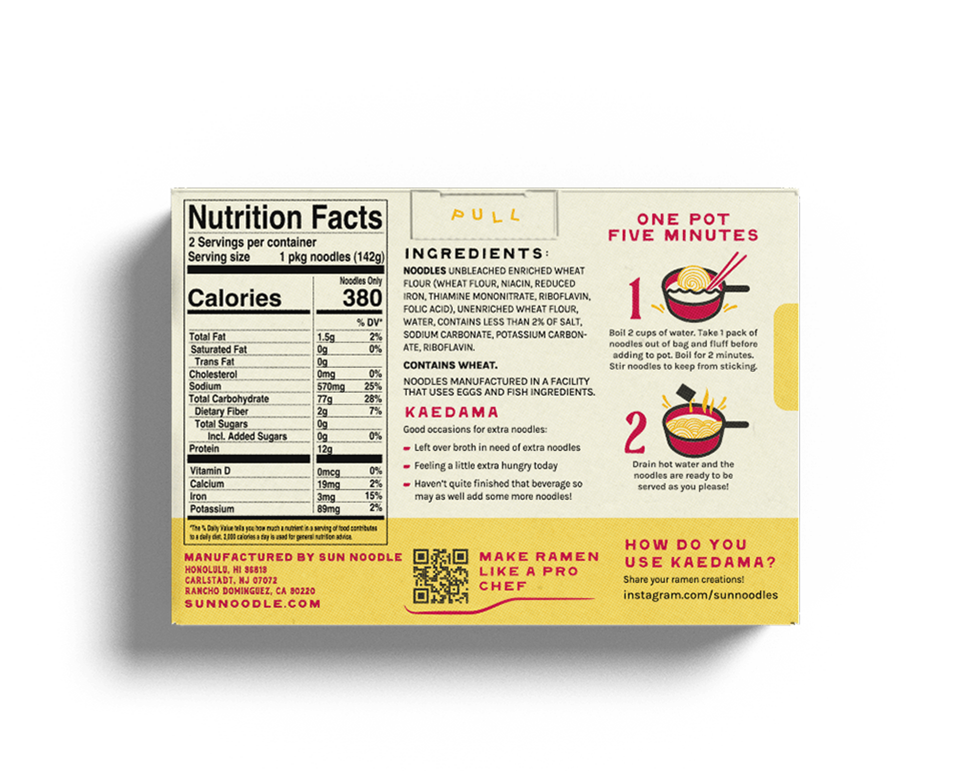 Back view of the Kaedama ramen product. Shows nutrition, ingredients, how to cook and manufacture location