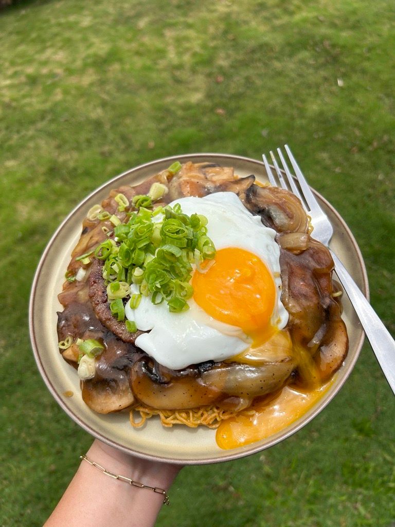 Loco Moco Cake Noodle with runny yolk