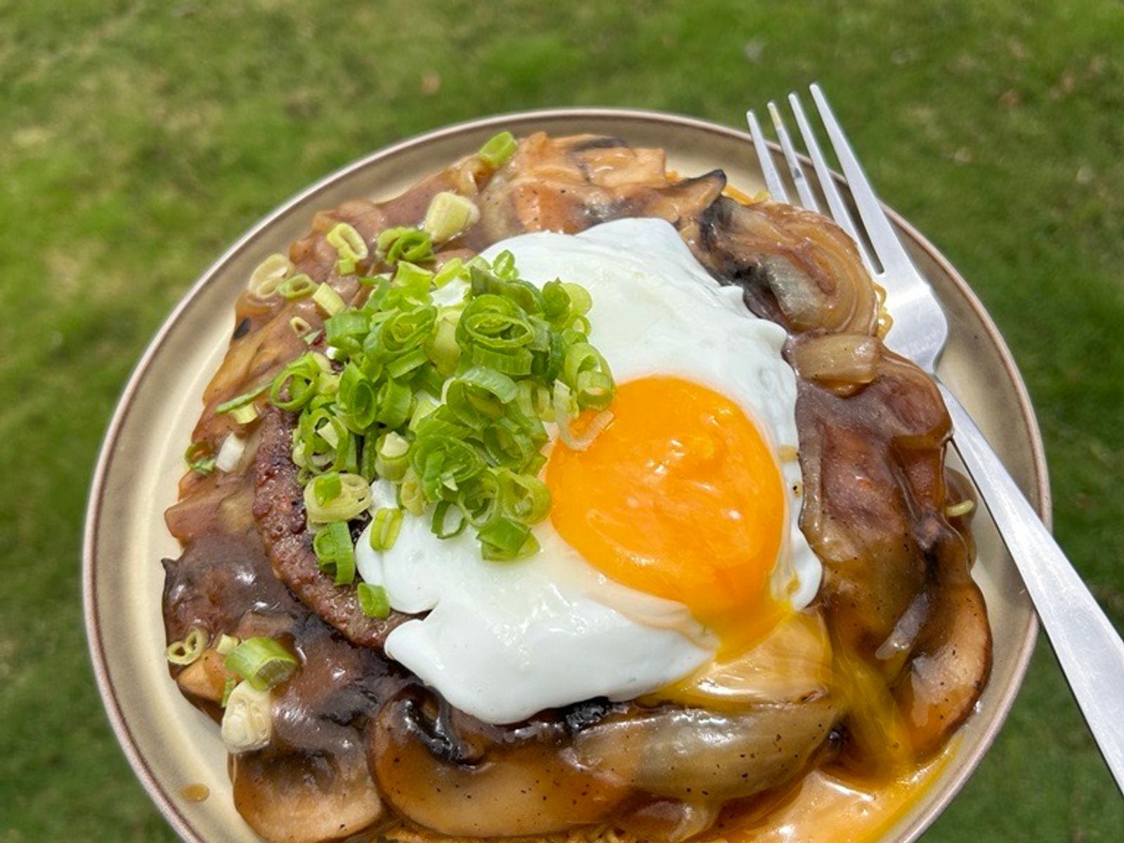 Loco Moco Cake Noodle with runny yolk