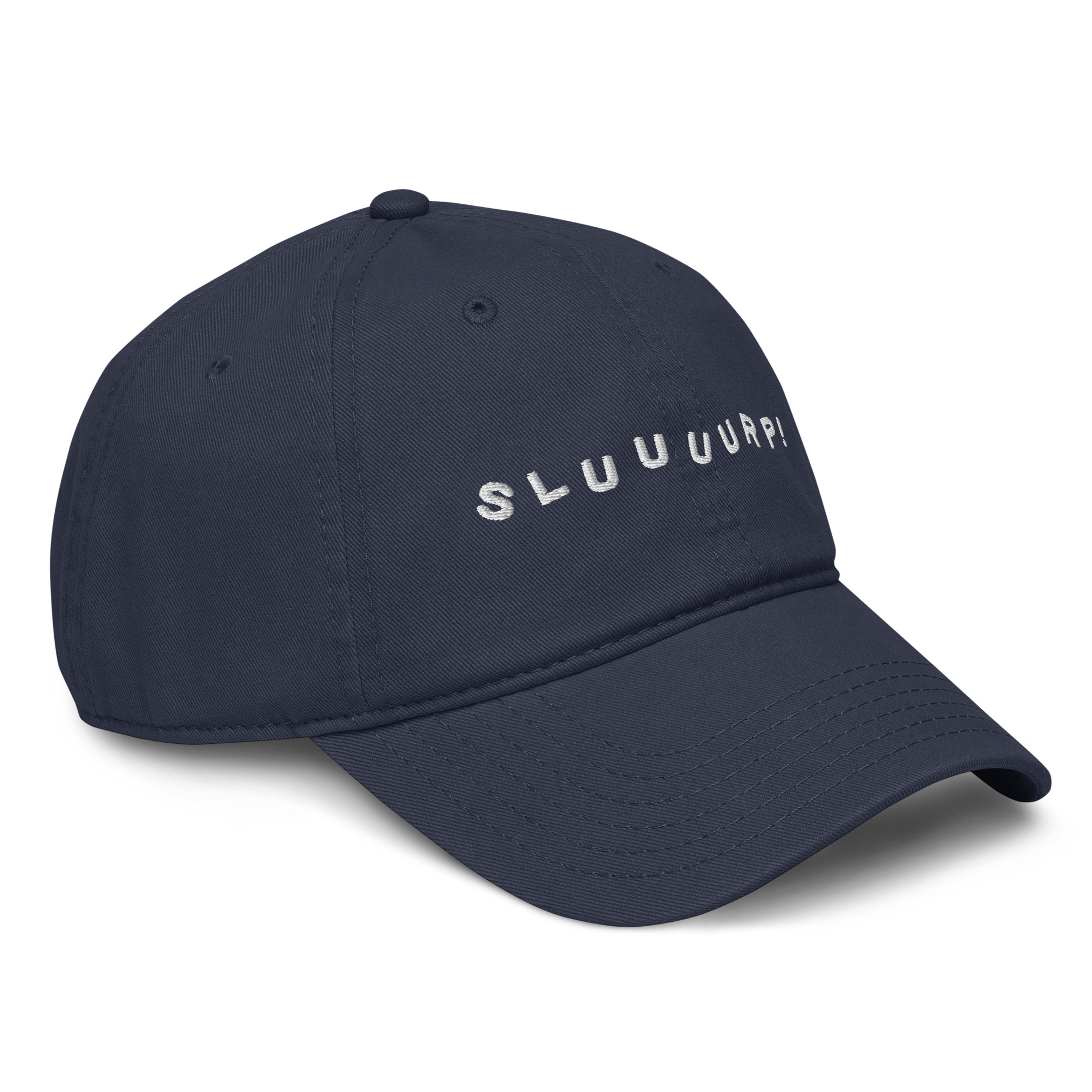 Three-quarter front view of the navy "SLUUUURP!" hat with white embroidery, showing the curved brim and right side.