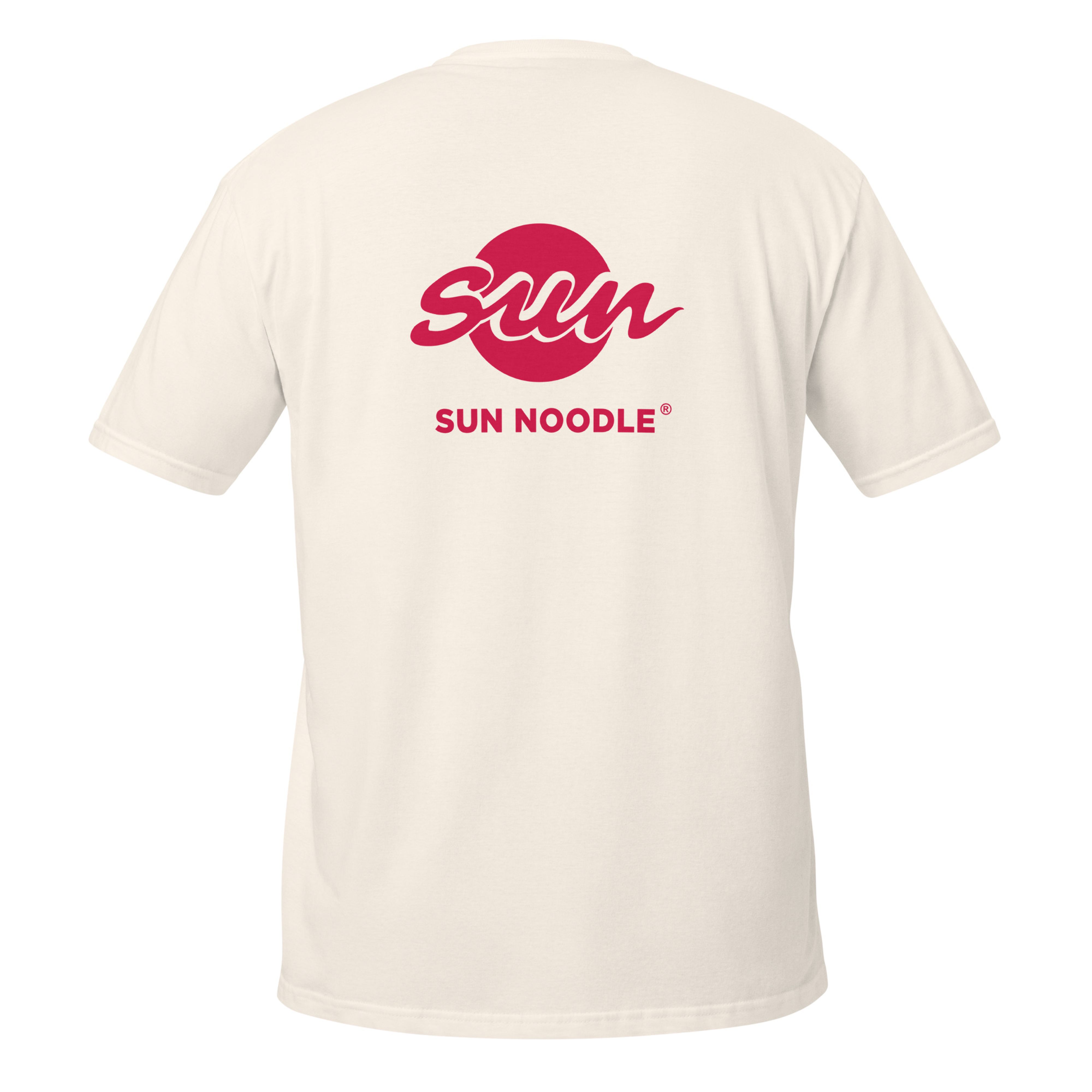 Back of the natural cream unisex t-shirt featuring a large red "Sun" logo, with a stylized script over a red circle above "SUN NOODLE" text.
