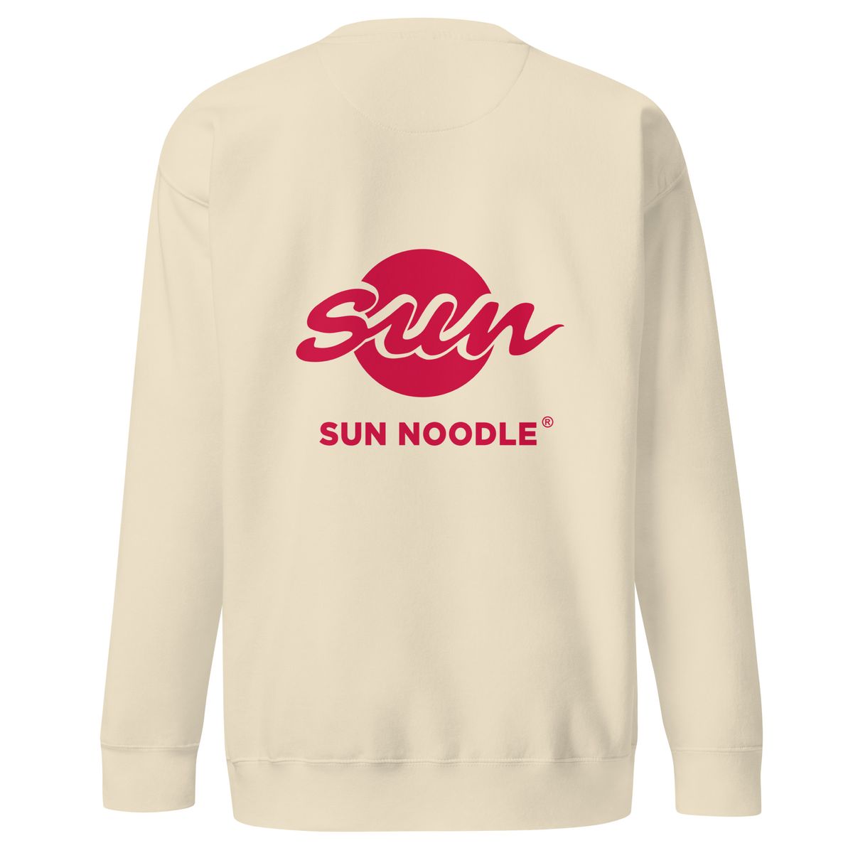 Back of the crewneck sweatshirt featuring a large white "Sun" logo, with a stylized script over a circle above "SUN NOODLE" text. 