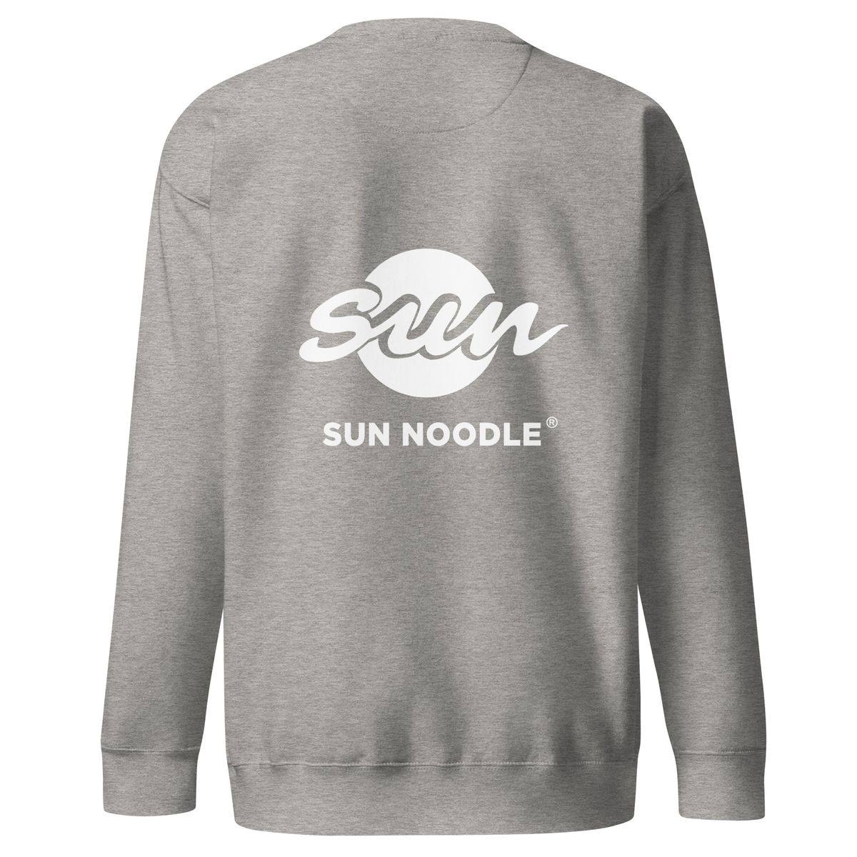 Back of the carbon grey crewneck sweatshirt featuring a large white "Sun" logo, with a stylized script over a circle above "SUN NOODLE" text.