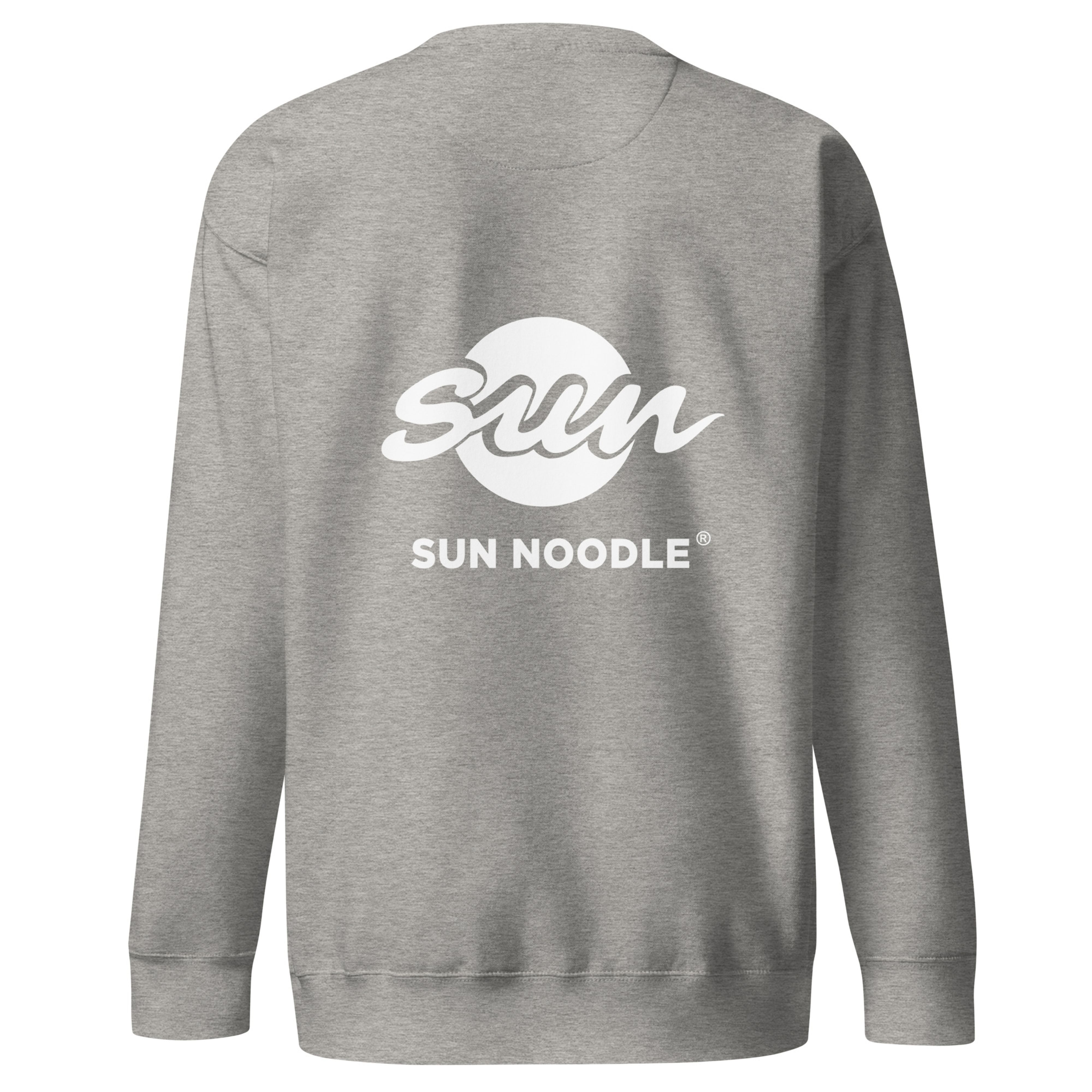 Back of the carbon grey crewneck sweatshirt featuring a large white "Sun" logo, with a stylized script over a circle above "SUN NOODLE" text.