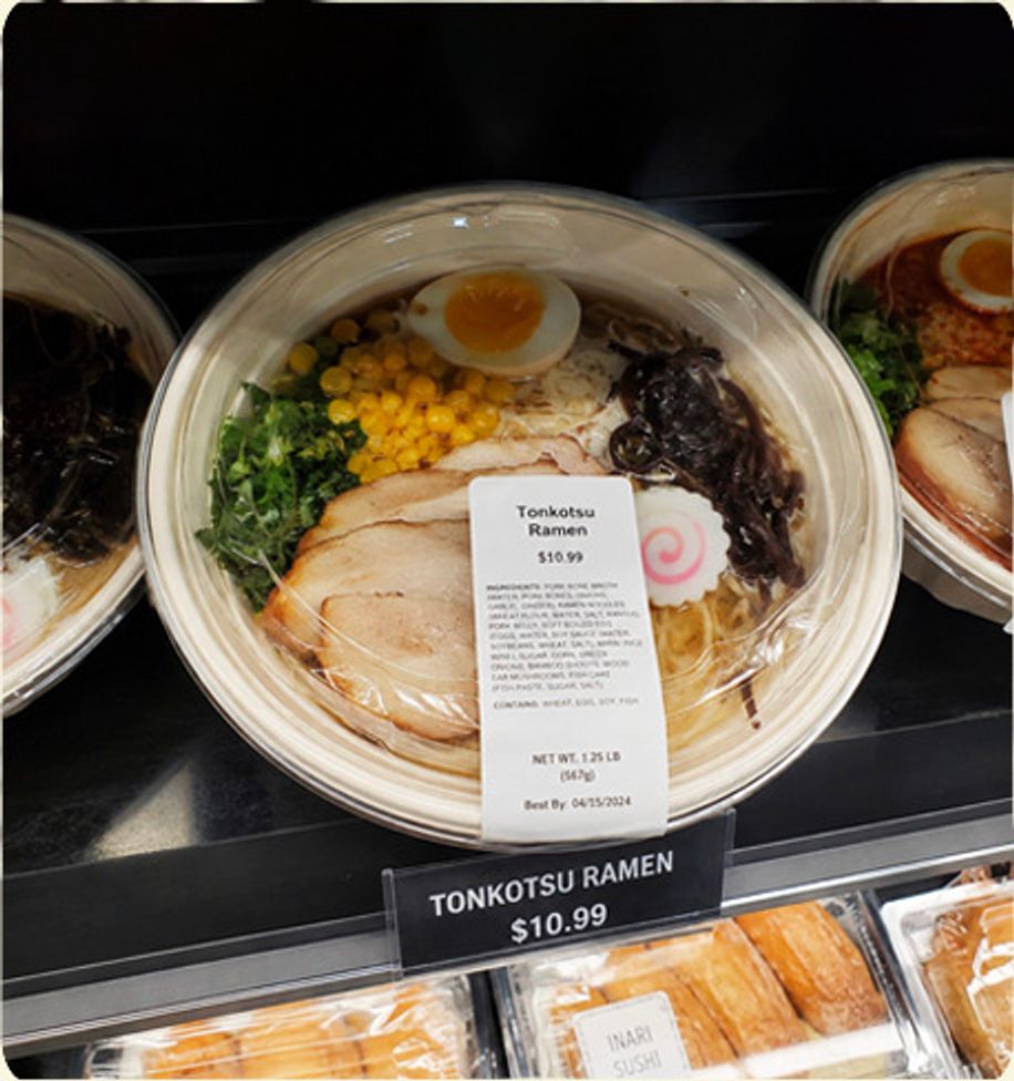 Packaged tonkotsu ramen bowls in a grab-and-go cooler