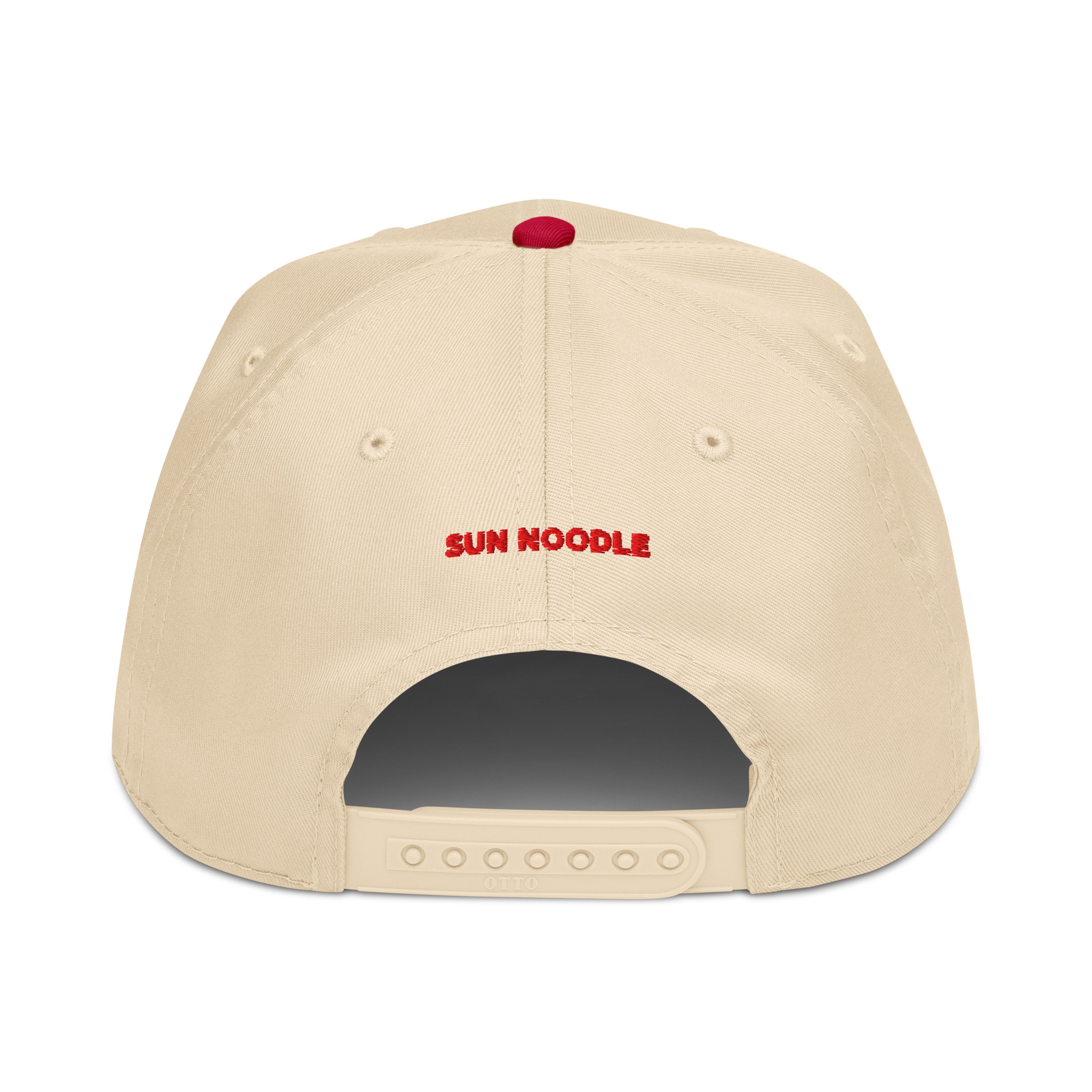 Back of the cream snapback cap showing a beige adjustable plastic strap, with "SUN NOODLE" embroidered in small red text.