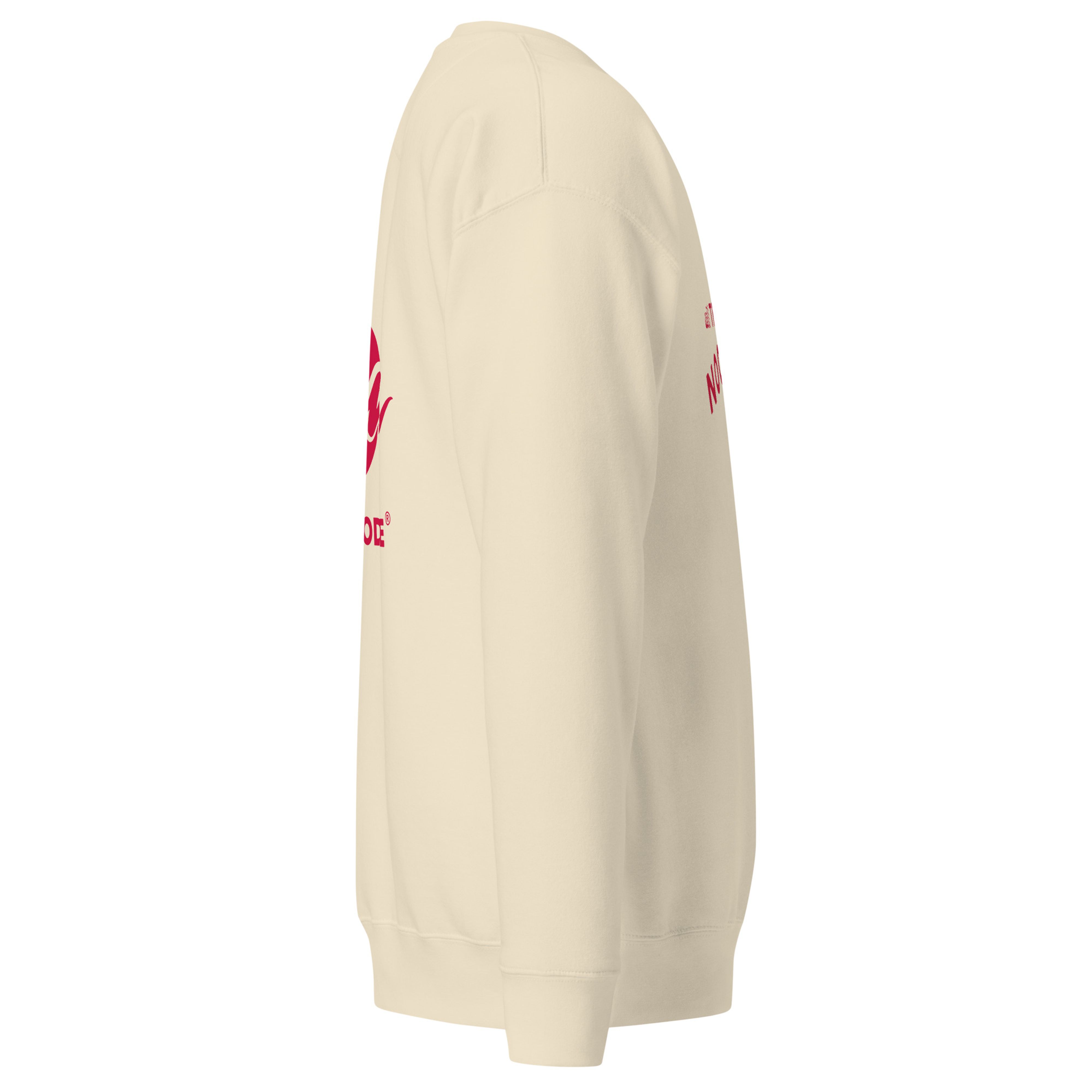 Crewneck sweatshirt shown from the left side, with the white "will TRAVEL for NOODLES" front print partially visible.